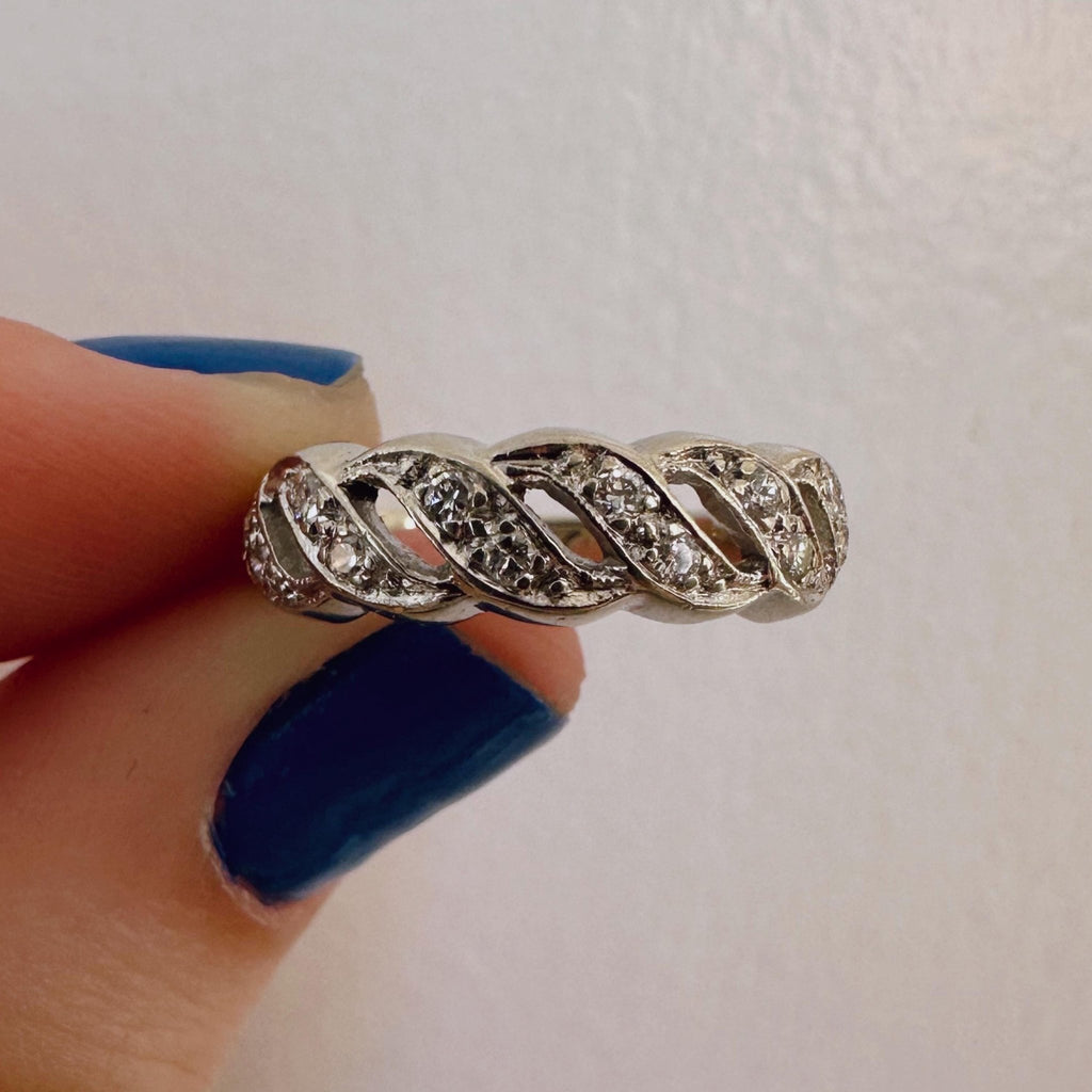 Mid - Century 14k White Gold and Diamond Band Ring - Clover Collective Antiques