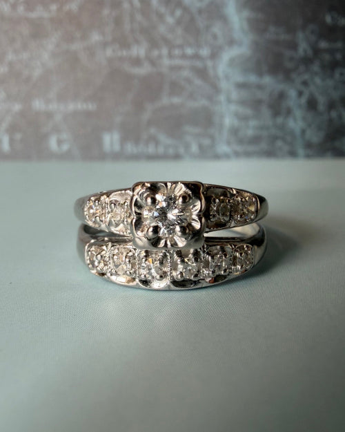 Mid-Century 14k White Gold and Diamond Illusion Wedding Ring Set - Clover Collective Antiques