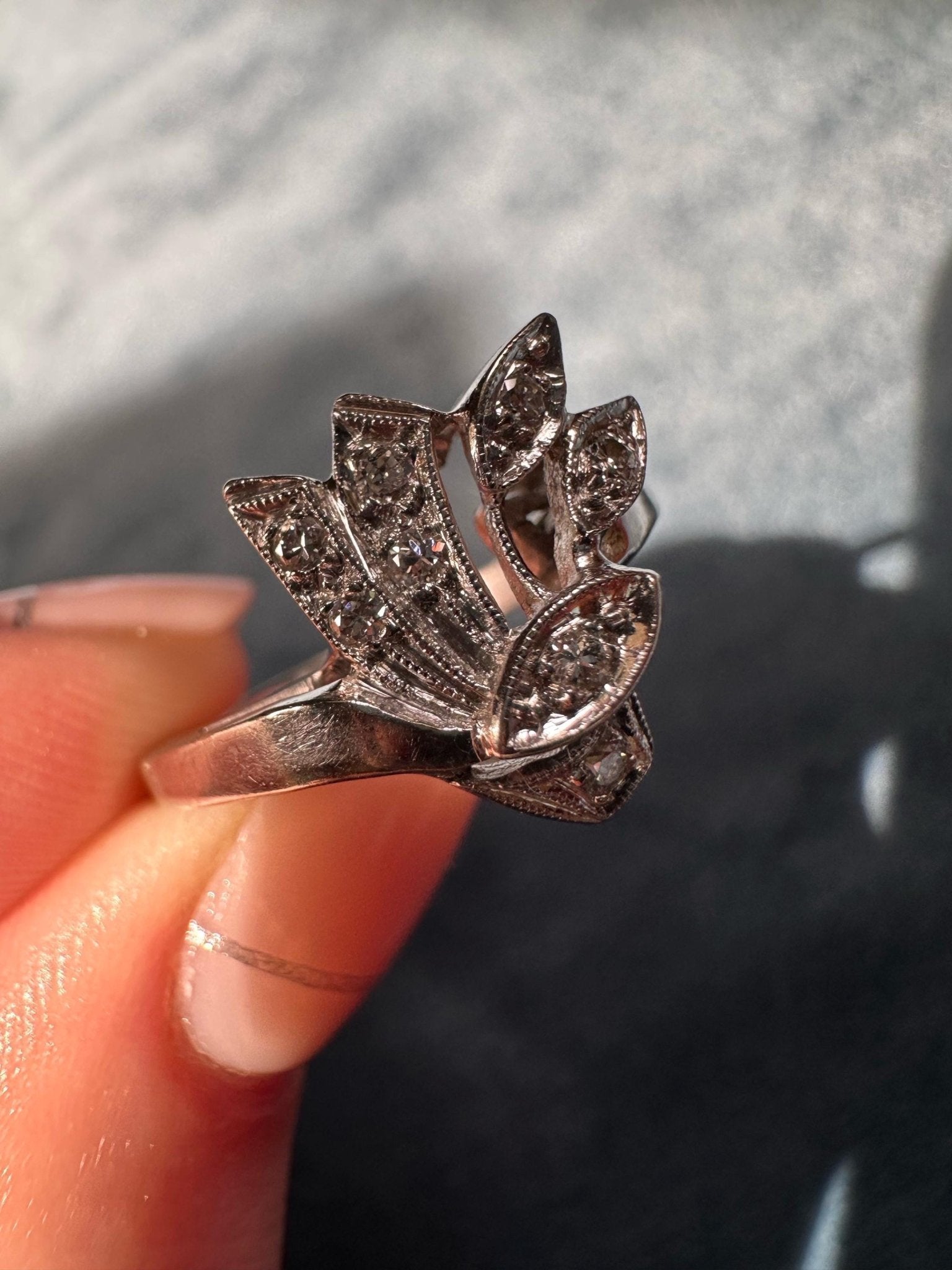 Mid - Century 14k White Gold and Diamond Ring - Clover Collective Antiques