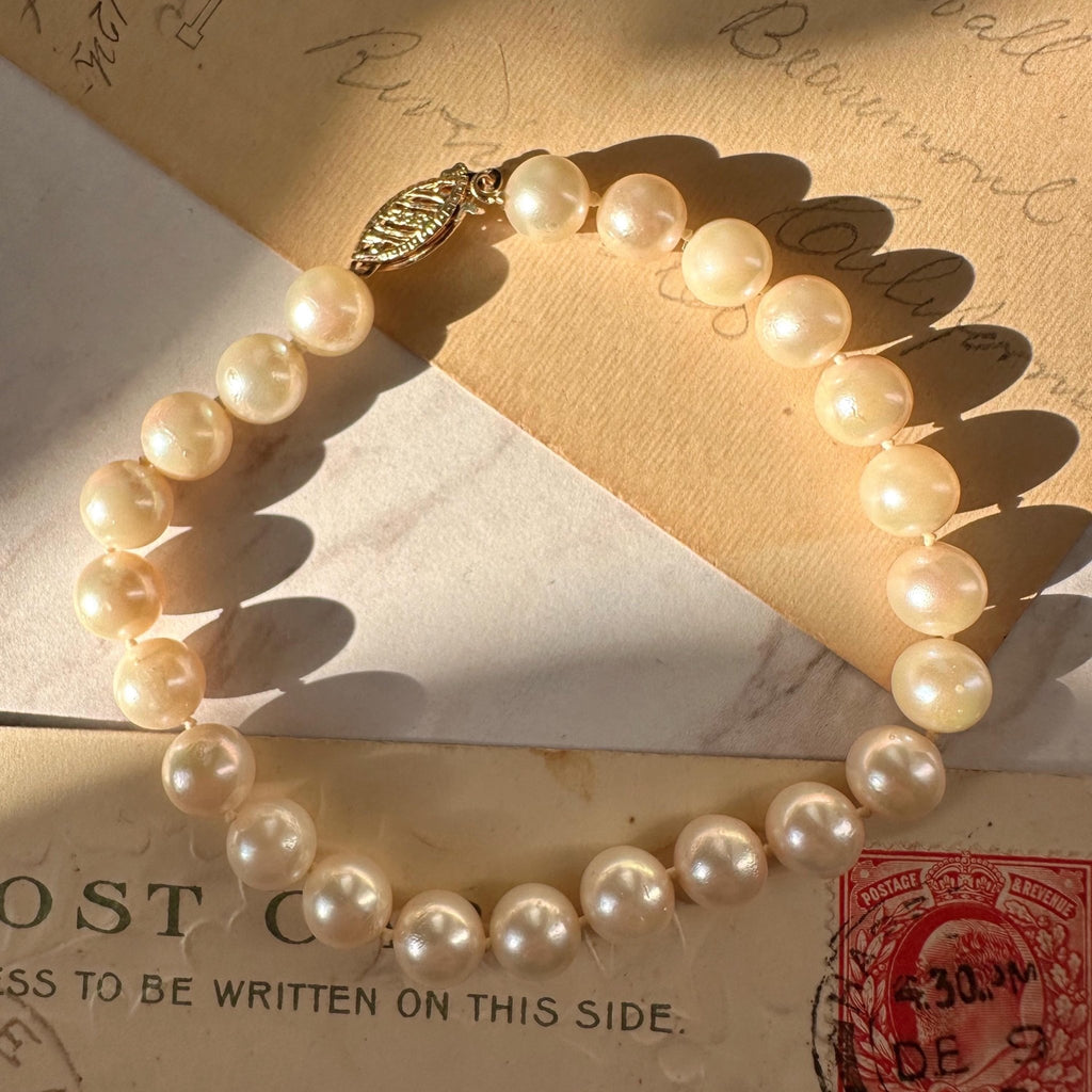 Mid - Century 14k Yellow Gold and Cultured Pearl Strand Bracelet - Clover Collective Antiques