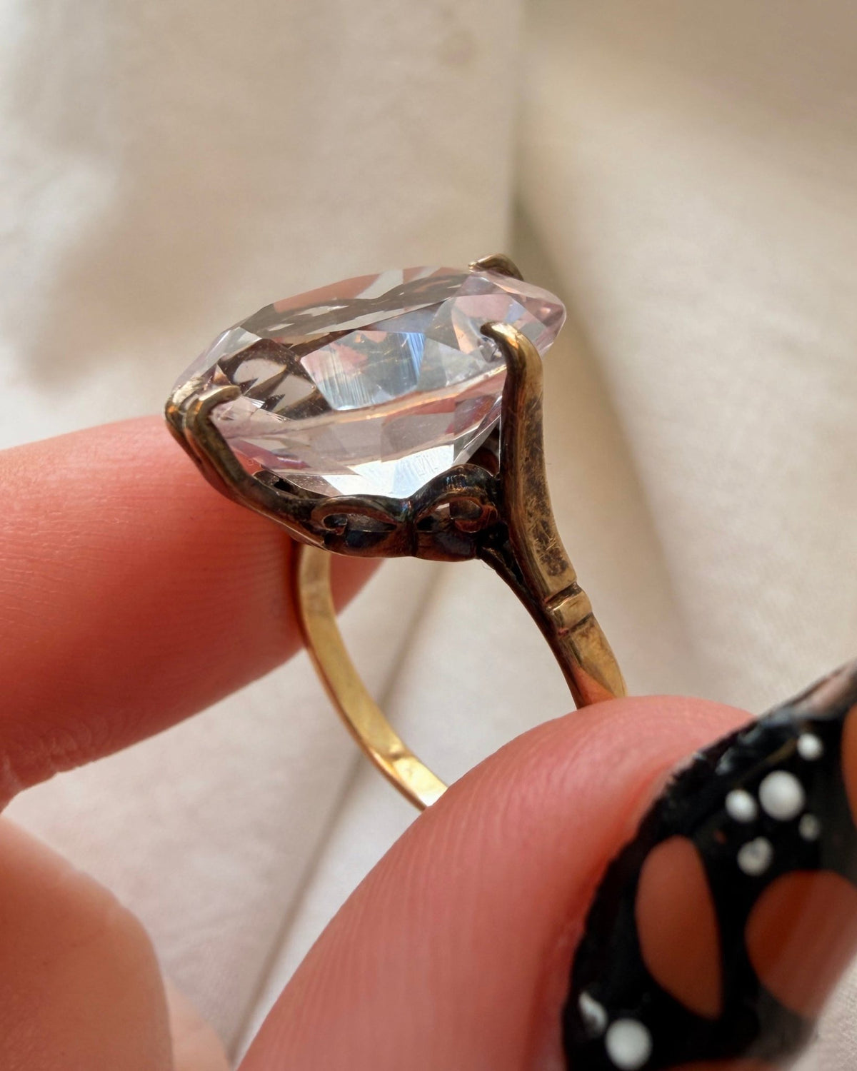 Mid-Century 14k Yellow Gold and Rock Crystal Cocktail Ring - Clover Collective Antiques