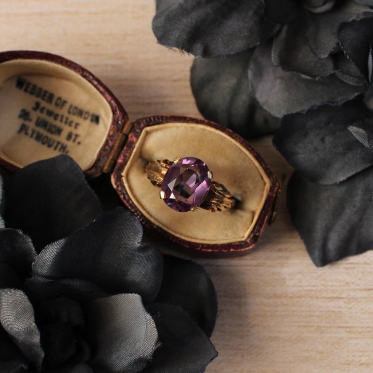 Mid - Century 14k Yellow Gold and Synthetic Purple Sapphire Ring - Clover Collective Antiques
