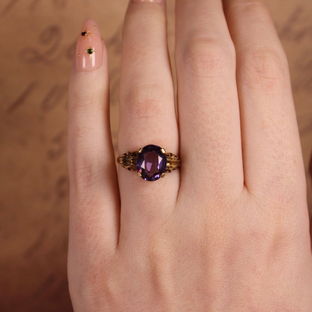Mid - Century 14k Yellow Gold and Synthetic Purple Sapphire Ring - Clover Collective Antiques