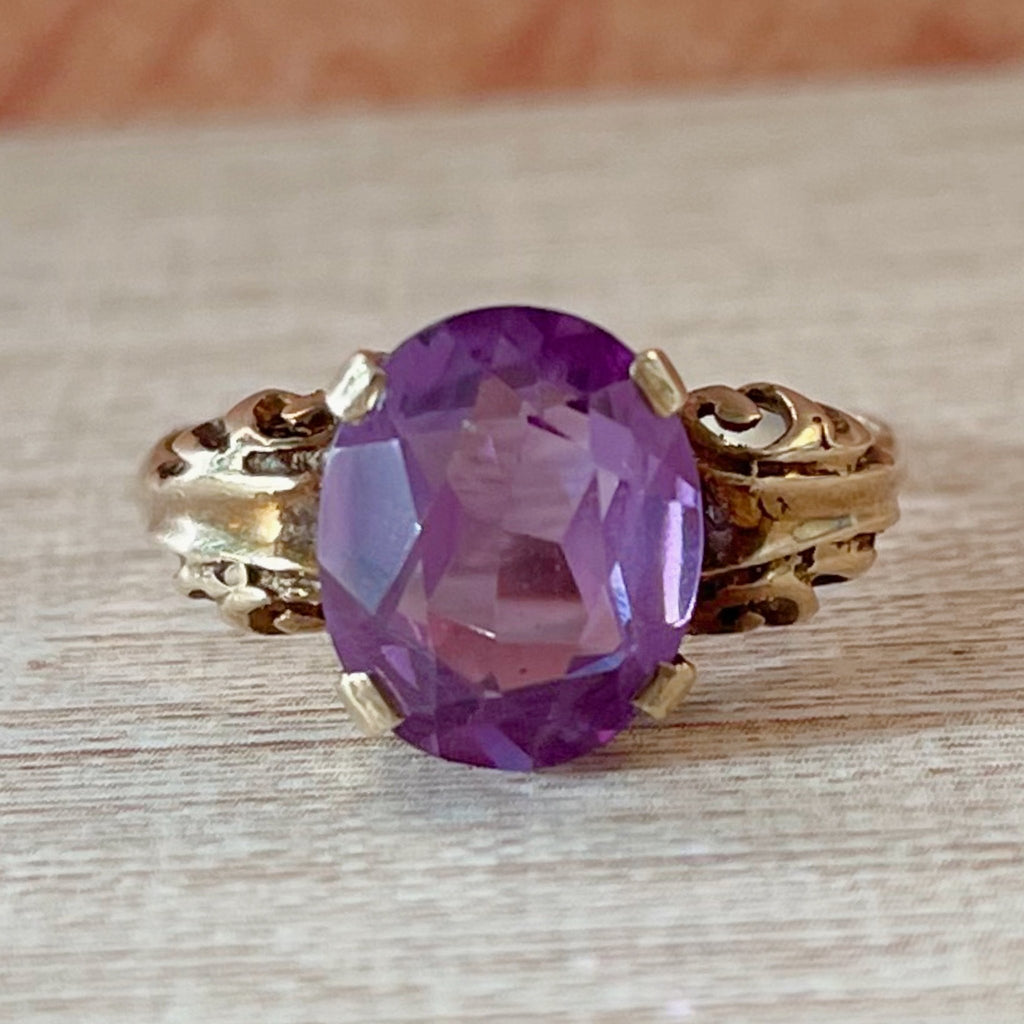 Mid - Century 14k Yellow Gold and Synthetic Purple Sapphire Ring - Clover Collective Antiques