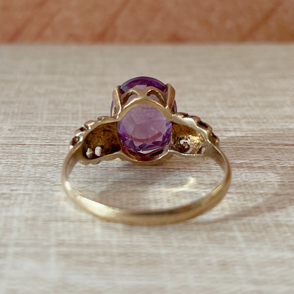 Mid - Century 14k Yellow Gold and Synthetic Purple Sapphire Ring - Clover Collective Antiques