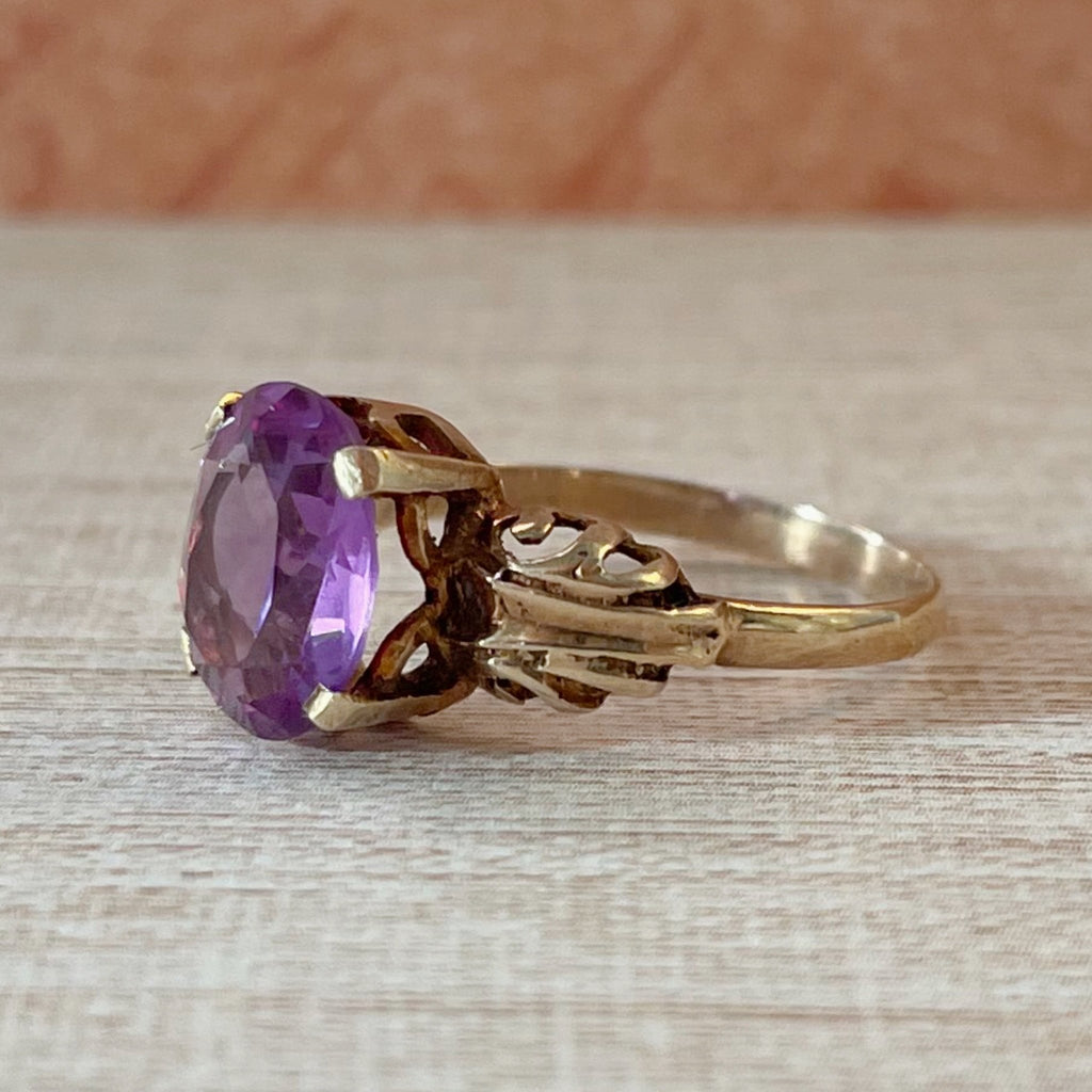 Mid - Century 14k Yellow Gold and Synthetic Purple Sapphire Ring - Clover Collective Antiques