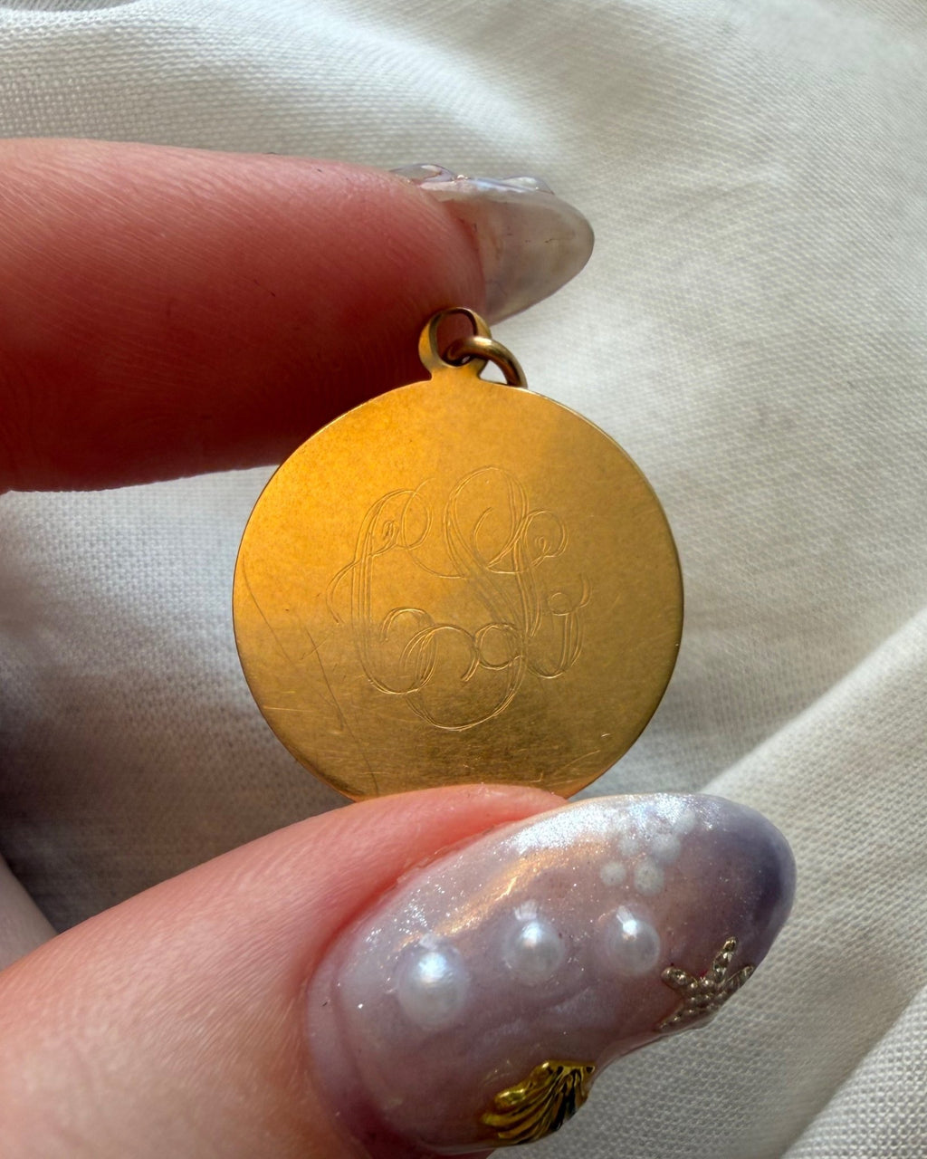 Mid-Century 14k Yellow Gold Circle Medallion Engraved Charm - Clover Collective Antiques