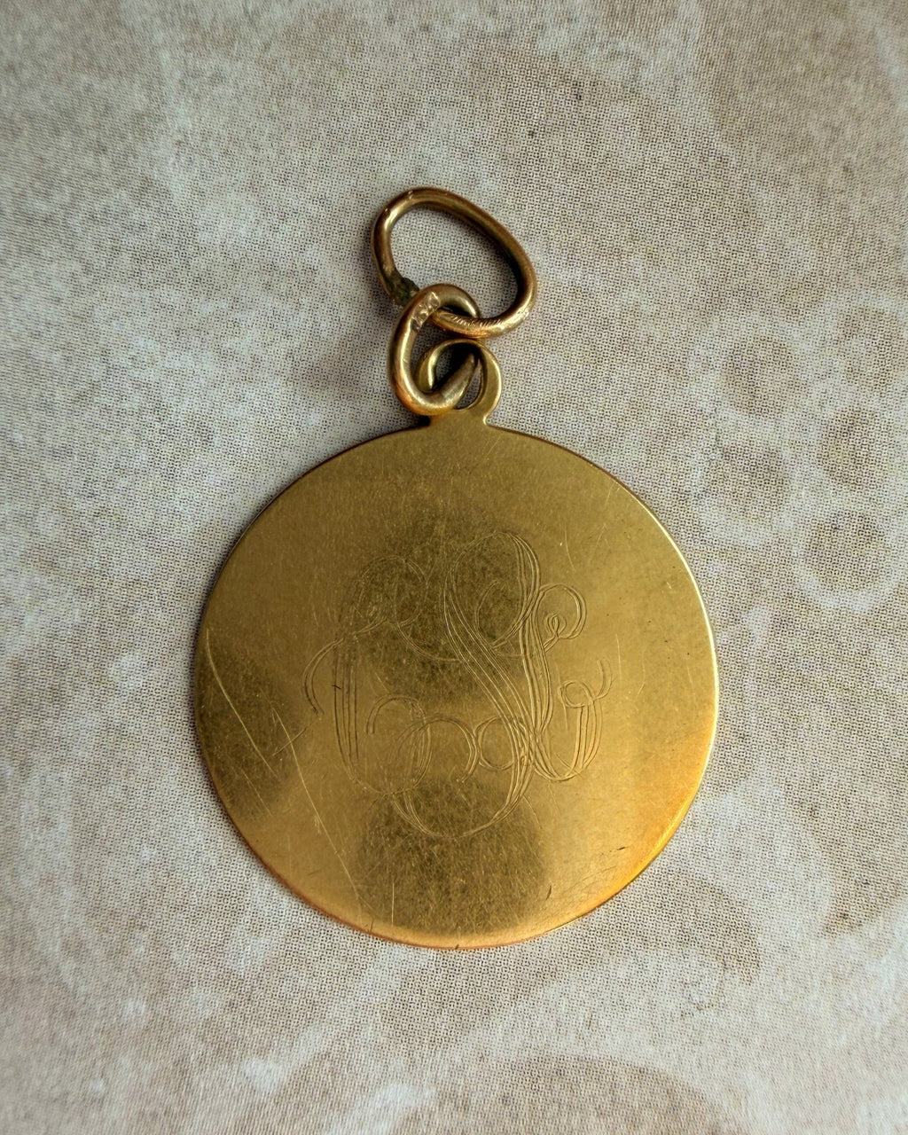 Mid-Century 14k Yellow Gold Circle Medallion Engraved Charm - Clover Collective Antiques