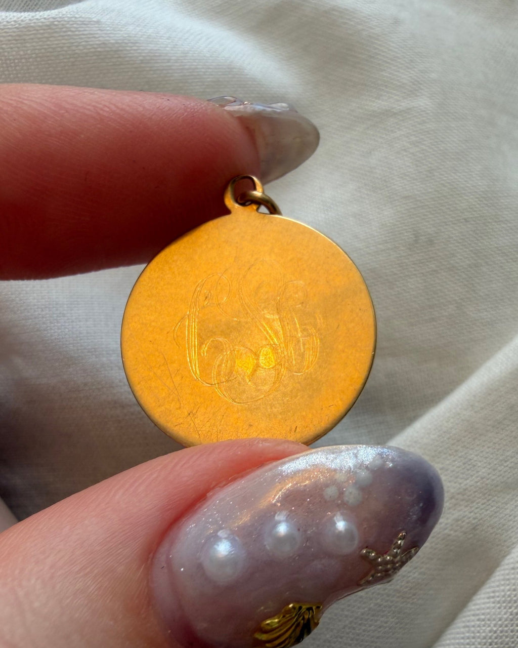 Mid-Century 14k Yellow Gold Circle Medallion Engraved Charm - Clover Collective Antiques