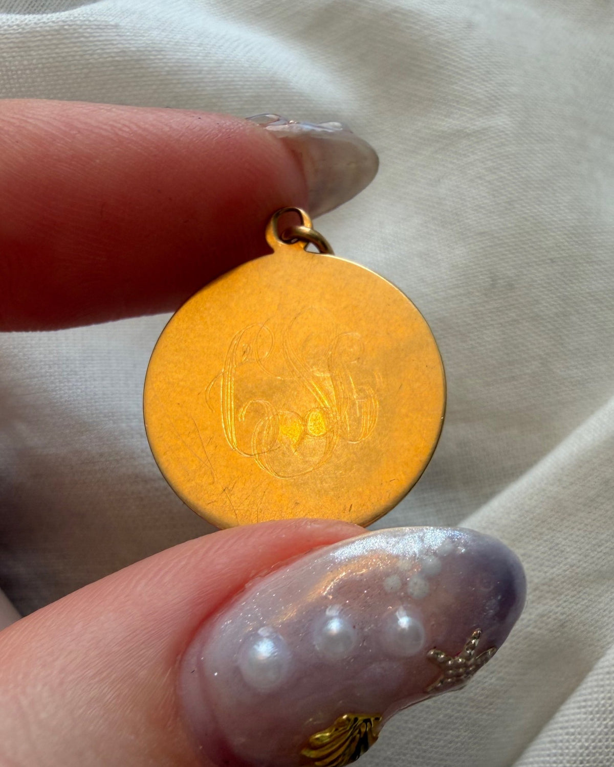 Mid-Century 14k Yellow Gold Circle Medallion Engraved Charm - Clover Collective Antiques