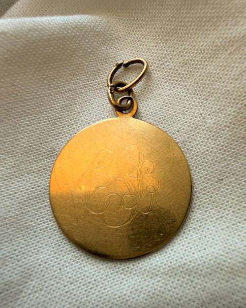 Mid-Century 14k Yellow Gold Circle Medallion Engraved Charm - Clover Collective Antiques