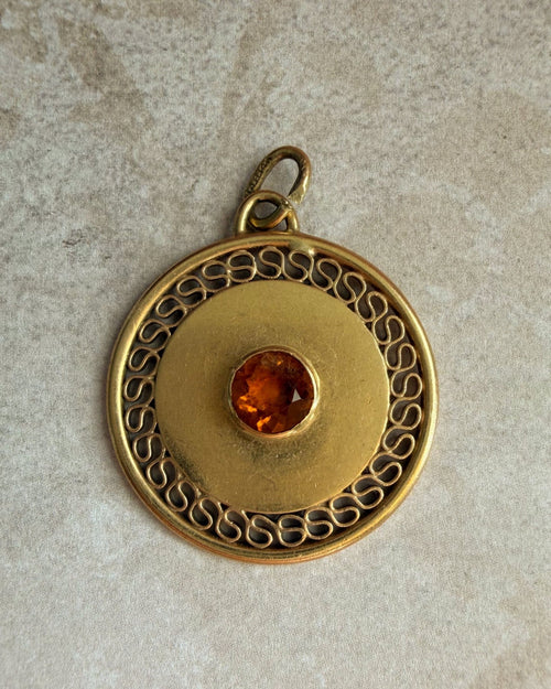 Mid-Century A. Ballou Company 14k Yellow Gold and Citrine Circle Medallion Charm - Clover Collective Antiques