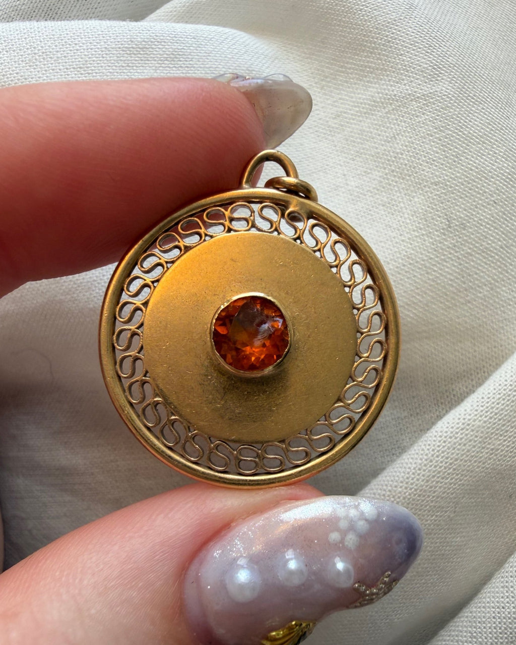 Mid-Century A. Ballou Company 14k Yellow Gold and Citrine Circle Medallion Charm - Clover Collective Antiques