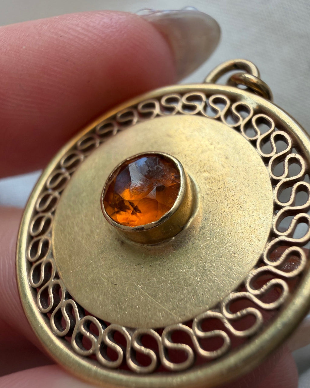 Mid-Century A. Ballou Company 14k Yellow Gold and Citrine Circle Medallion Charm - Clover Collective Antiques