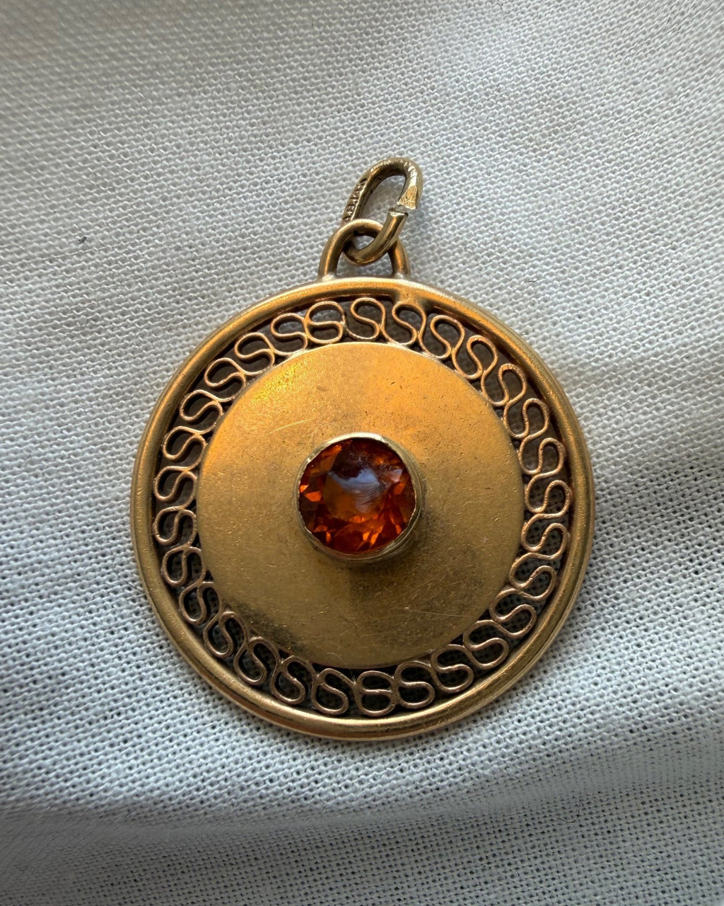 Mid-Century A. Ballou Company 14k Yellow Gold and Citrine Circle Medallion Charm - Clover Collective Antiques