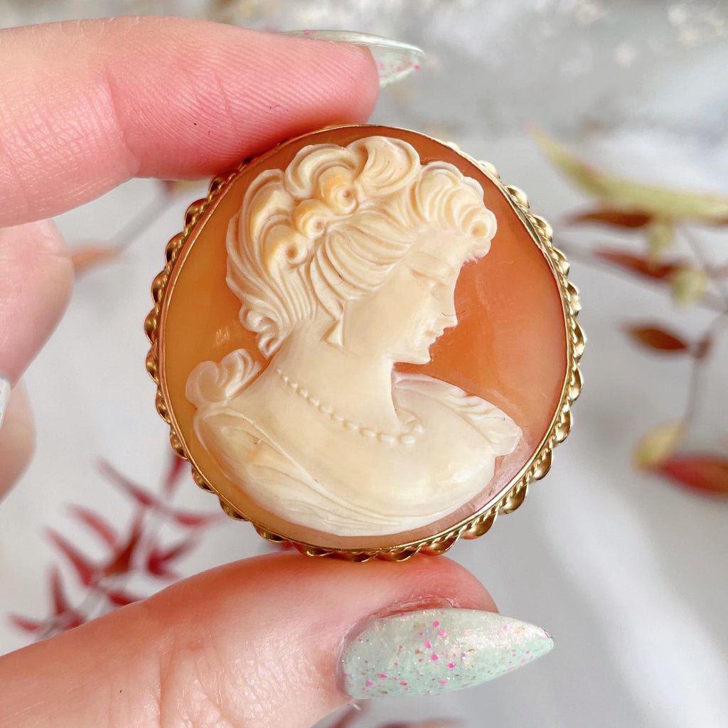 Mid - Century Admark 14k Yellow Gold and Shell Cameo Victorian Revival Brooch/Pendant - Clover Collective Antiques