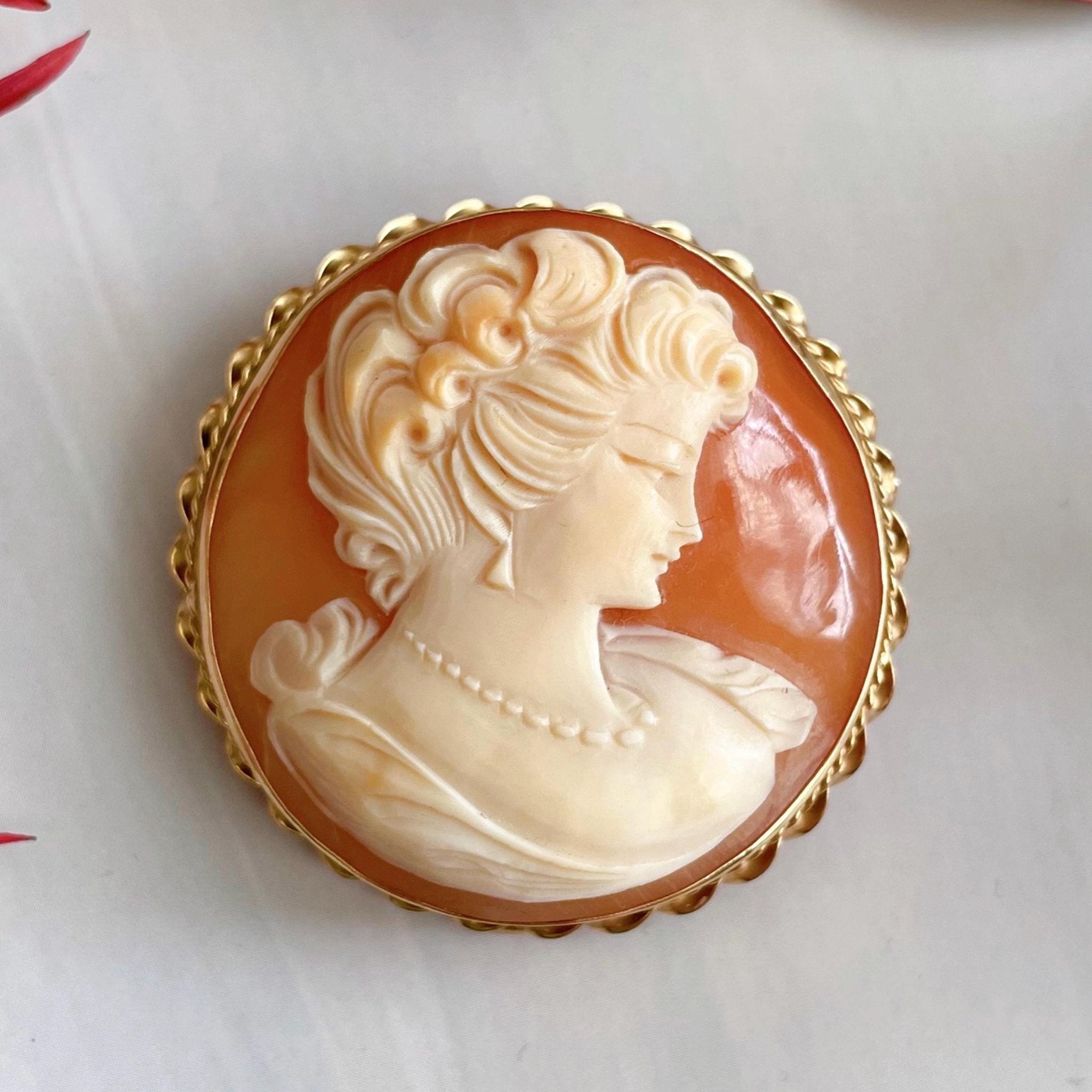 Mid - Century Admark 14k Yellow Gold and Shell Cameo Victorian Revival Brooch/Pendant - Clover Collective Antiques