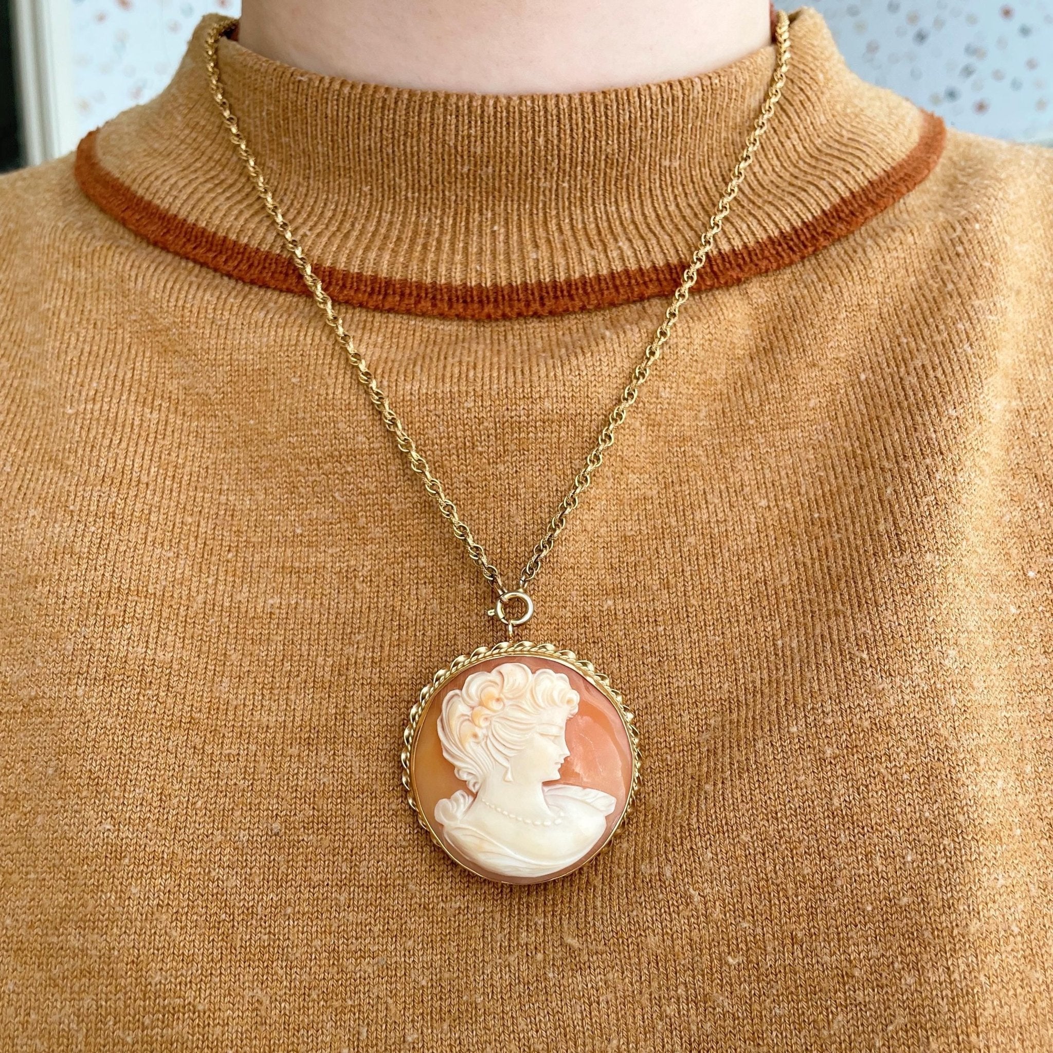 Mid - Century Admark 14k Yellow Gold and Shell Cameo Victorian Revival Brooch/Pendant - Clover Collective Antiques