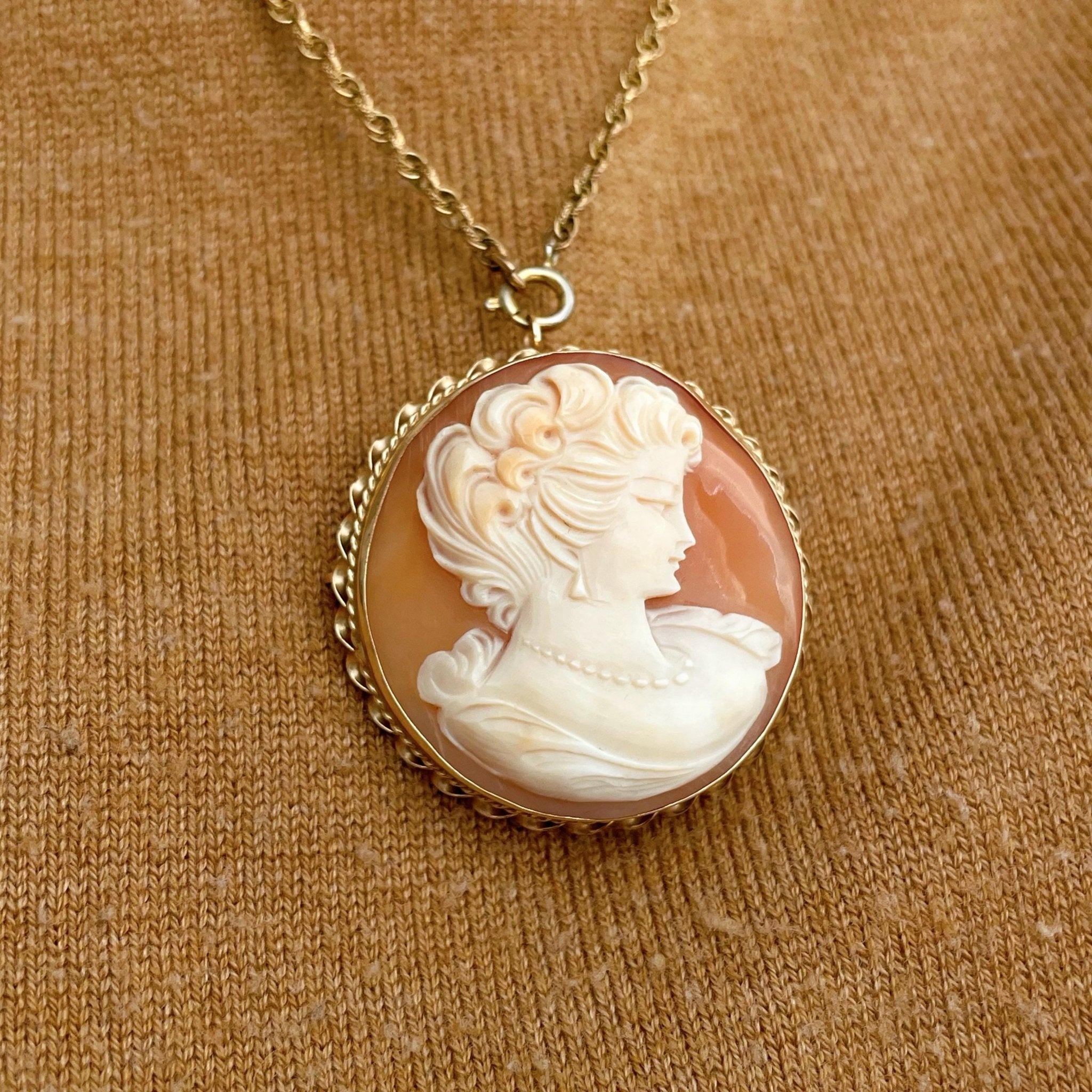 Mid - Century Admark 14k Yellow Gold and Shell Cameo Victorian Revival Brooch/Pendant - Clover Collective Antiques