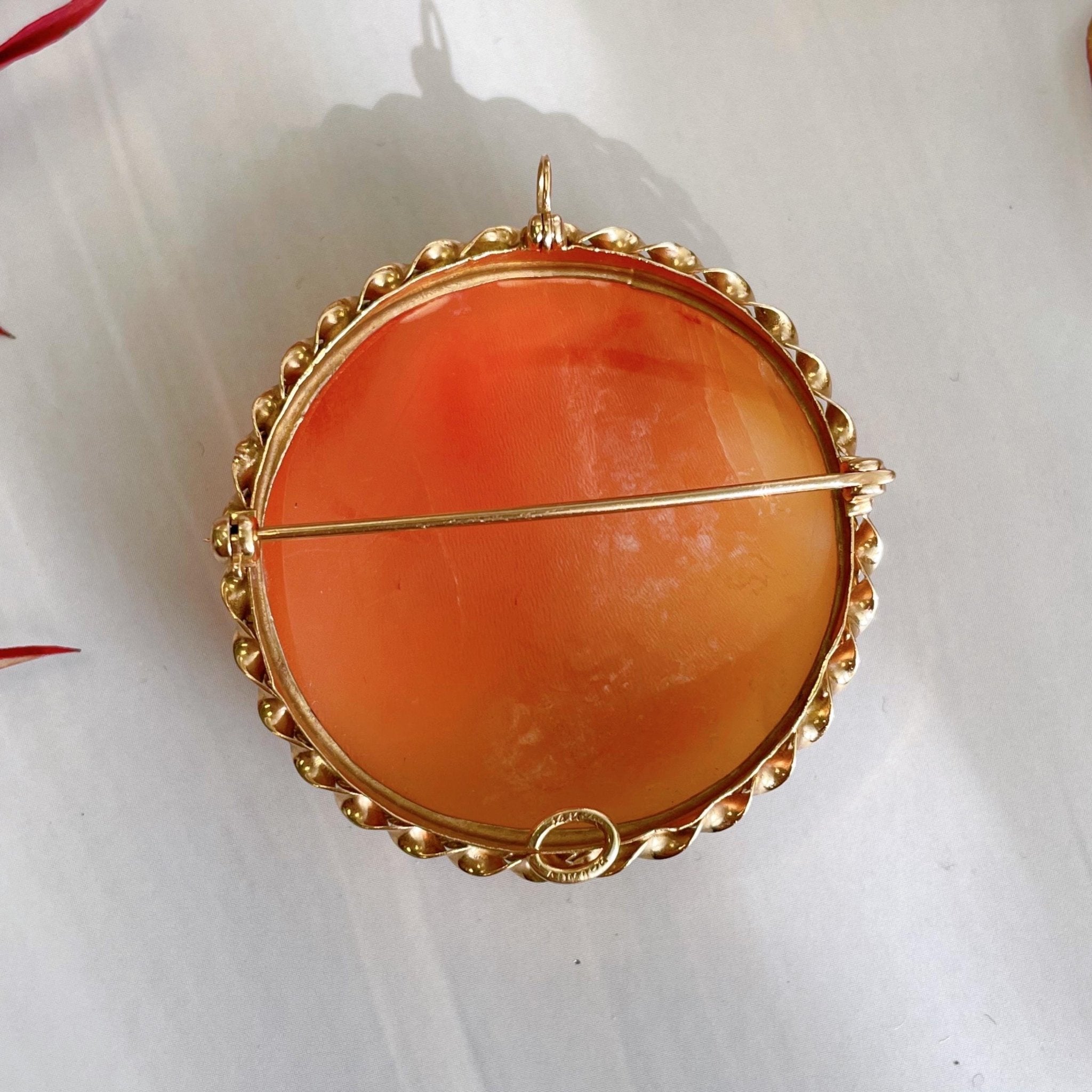 Mid - Century Admark 14k Yellow Gold and Shell Cameo Victorian Revival Brooch/Pendant - Clover Collective Antiques
