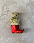 Mid - Century Gerry’s Gold Tone Puppy Dog Christmas Stocking Holiday Pin Brooch - Clover Collective Antiques