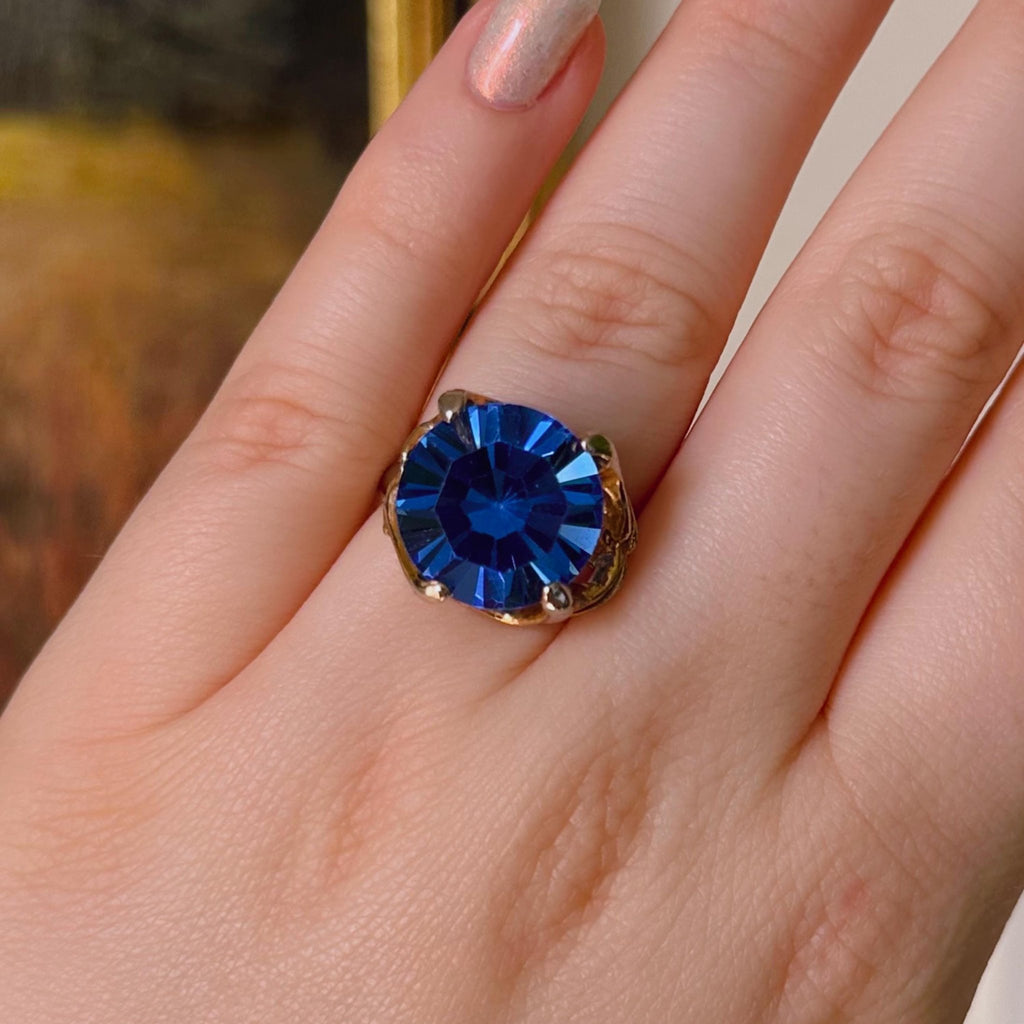 Mid - Century Goldtone and Simulated Sapphire Glass Crystal Adjustable Ring - Clover Collective Antiques
