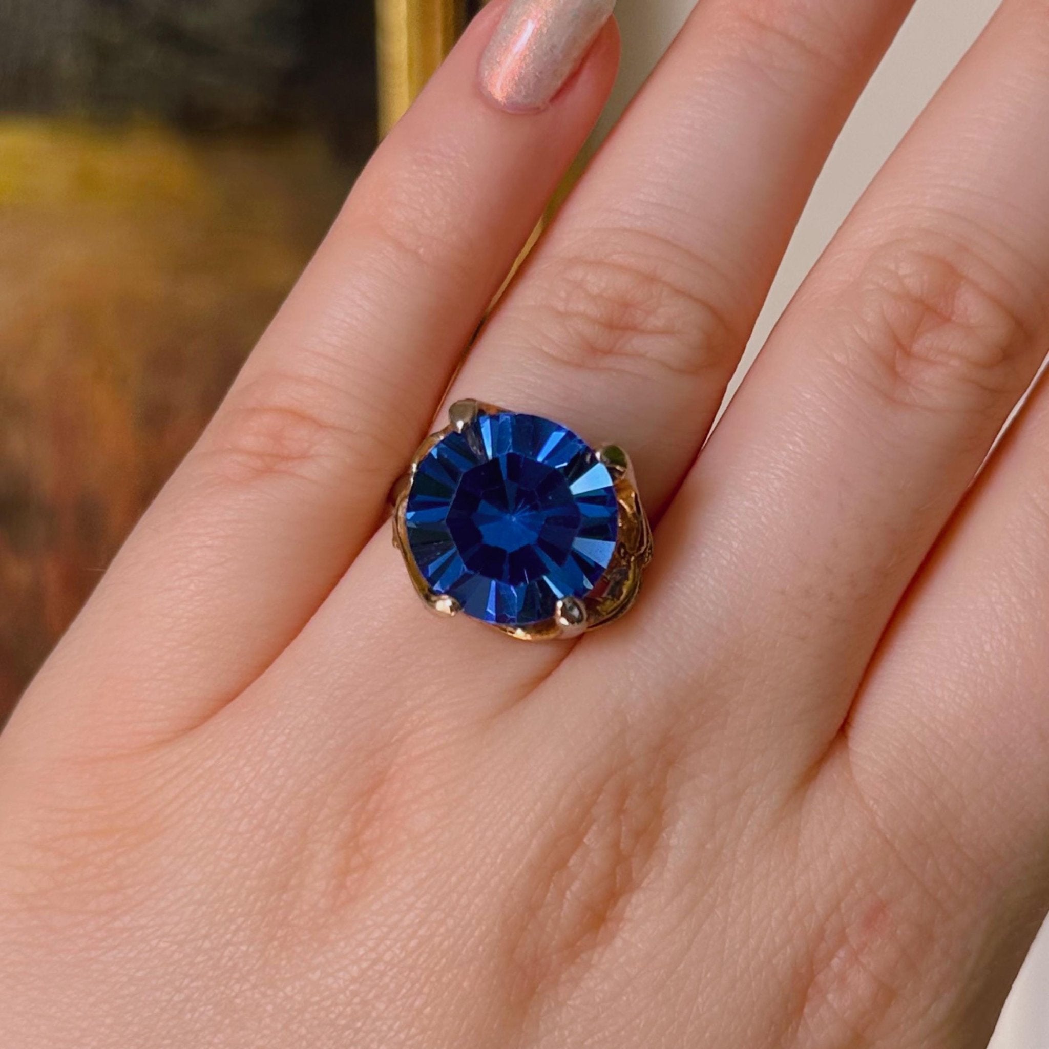 Mid - Century Goldtone and Simulated Sapphire Glass Crystal Adjustable Ring - Clover Collective Antiques
