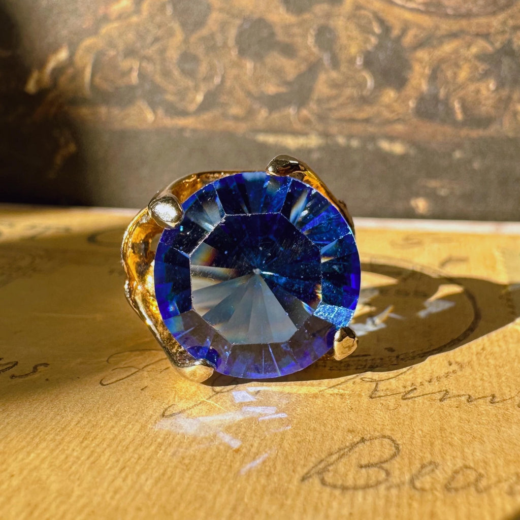 Mid - Century Goldtone and Simulated Sapphire Glass Crystal Adjustable Ring - Clover Collective Antiques