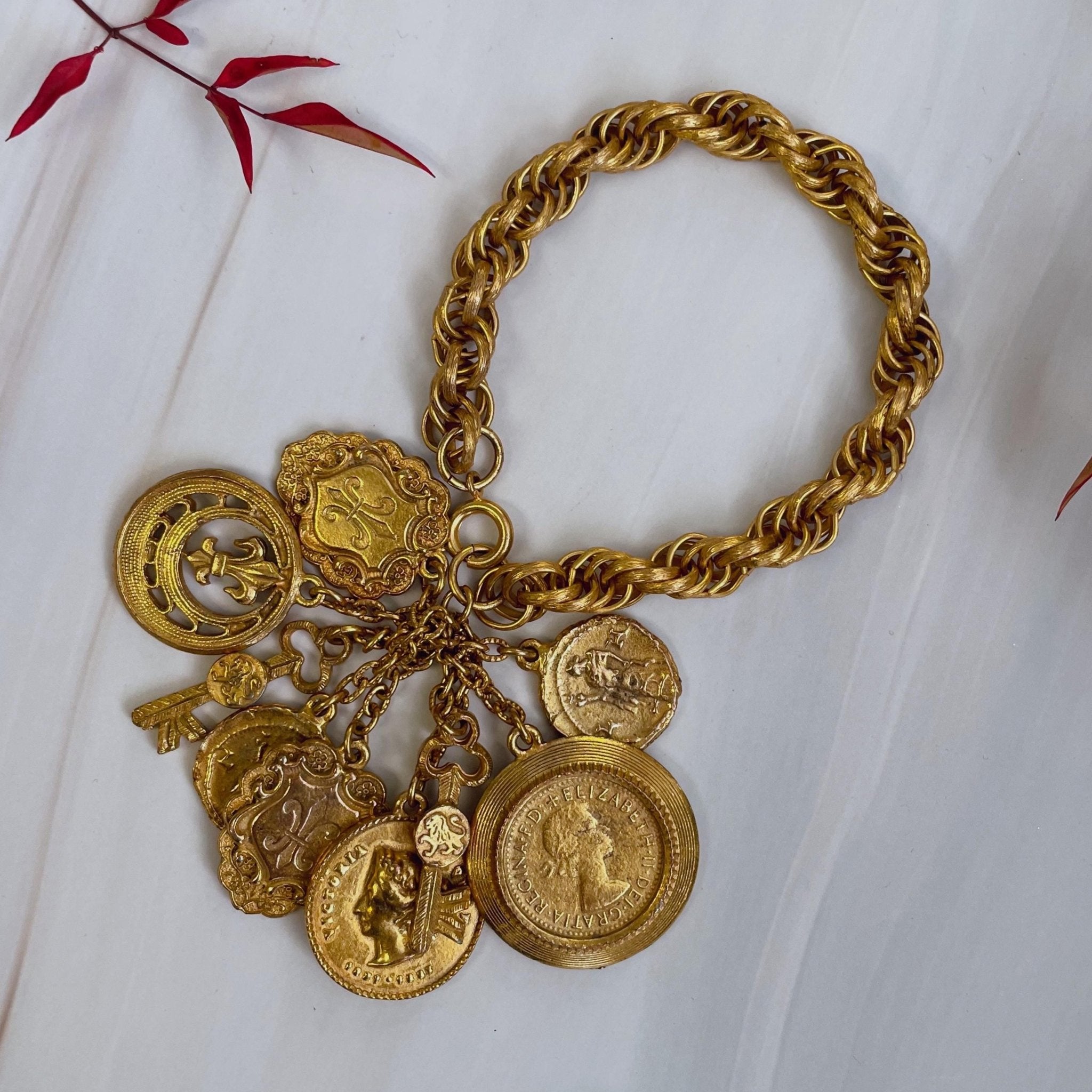 Mid - Century Goldtone Charm Bracelet - Clover Collective Antiques