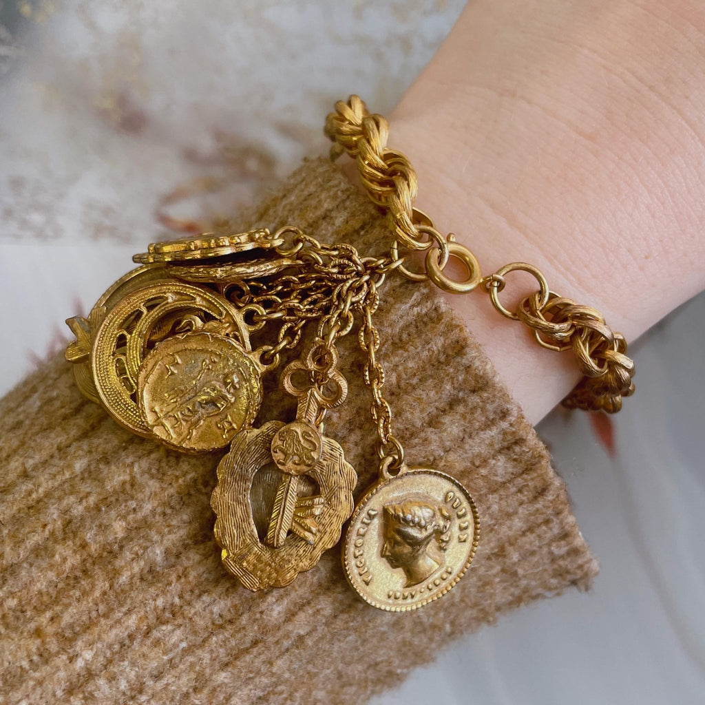 Mid - Century Goldtone Charm Bracelet - Clover Collective Antiques
