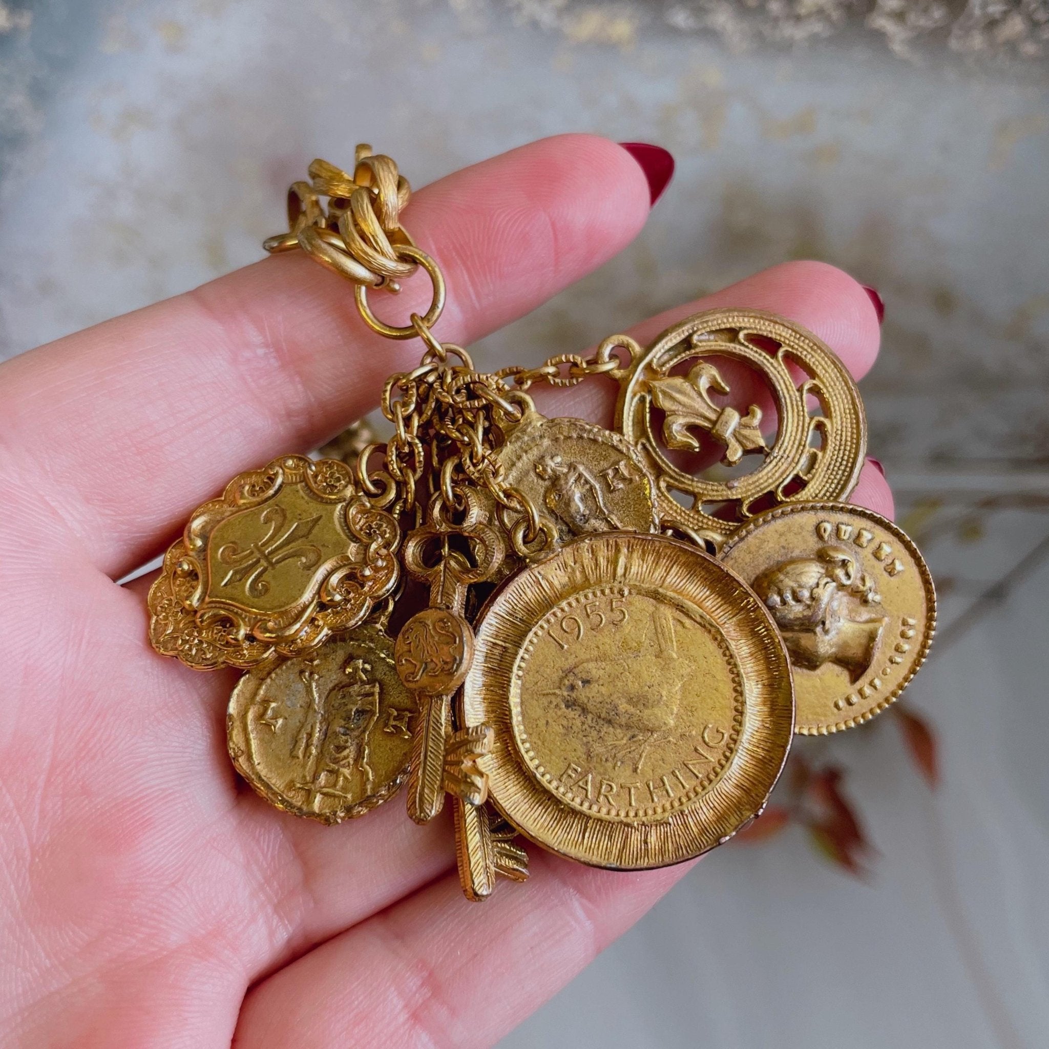 Mid - Century Goldtone Charm Bracelet - Clover Collective Antiques