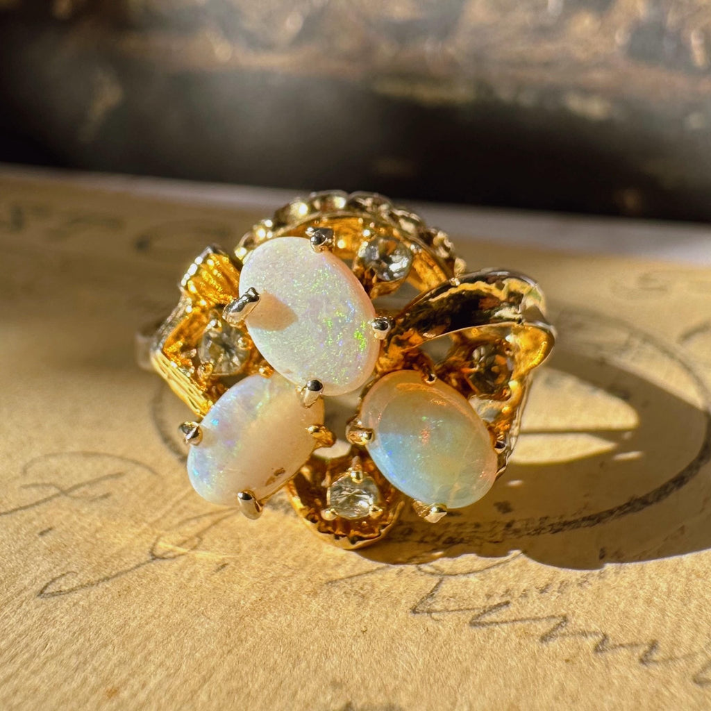 Mid - Century Goldtone, Opal, and Crystal Ring - Clover Collective Antiques