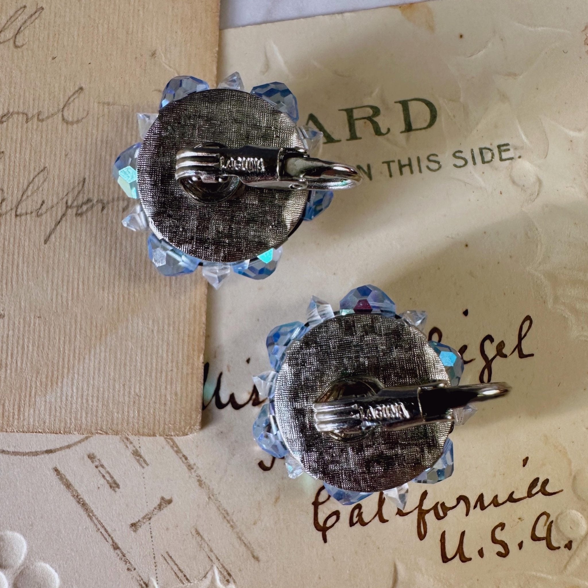 Mid - Century Laguna Silver - Tone and Aurora Borealis Crystal Beaded Button Ear Clip Earrings - Clover Collective Antiques