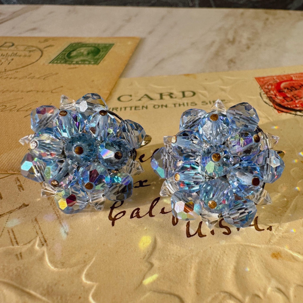 Mid - Century Laguna Silver - Tone and Aurora Borealis Crystal Beaded Button Ear Clip Earrings - Clover Collective Antiques