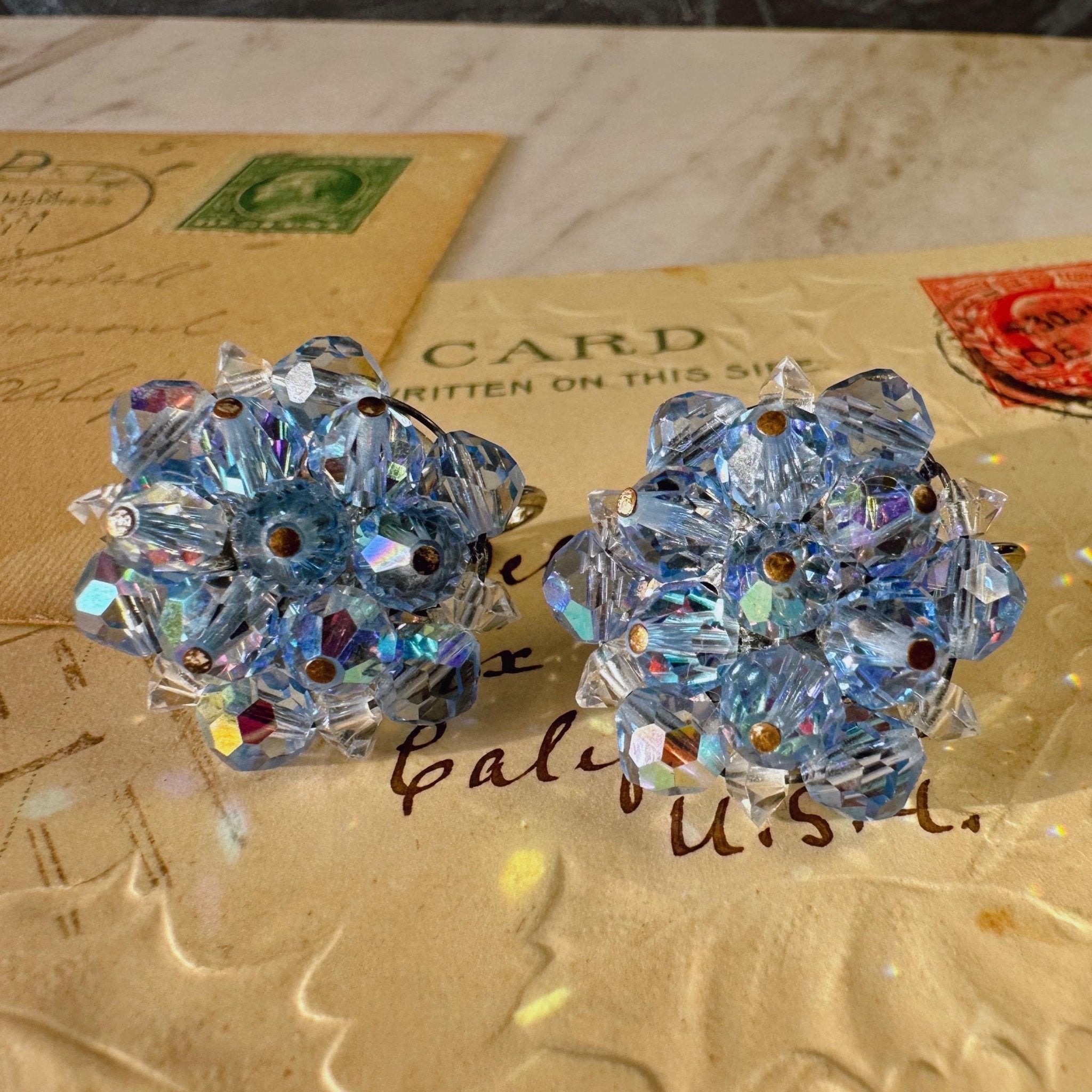 Mid - Century Laguna Silver - Tone and Aurora Borealis Crystal Beaded Button Ear Clip Earrings - Clover Collective Antiques