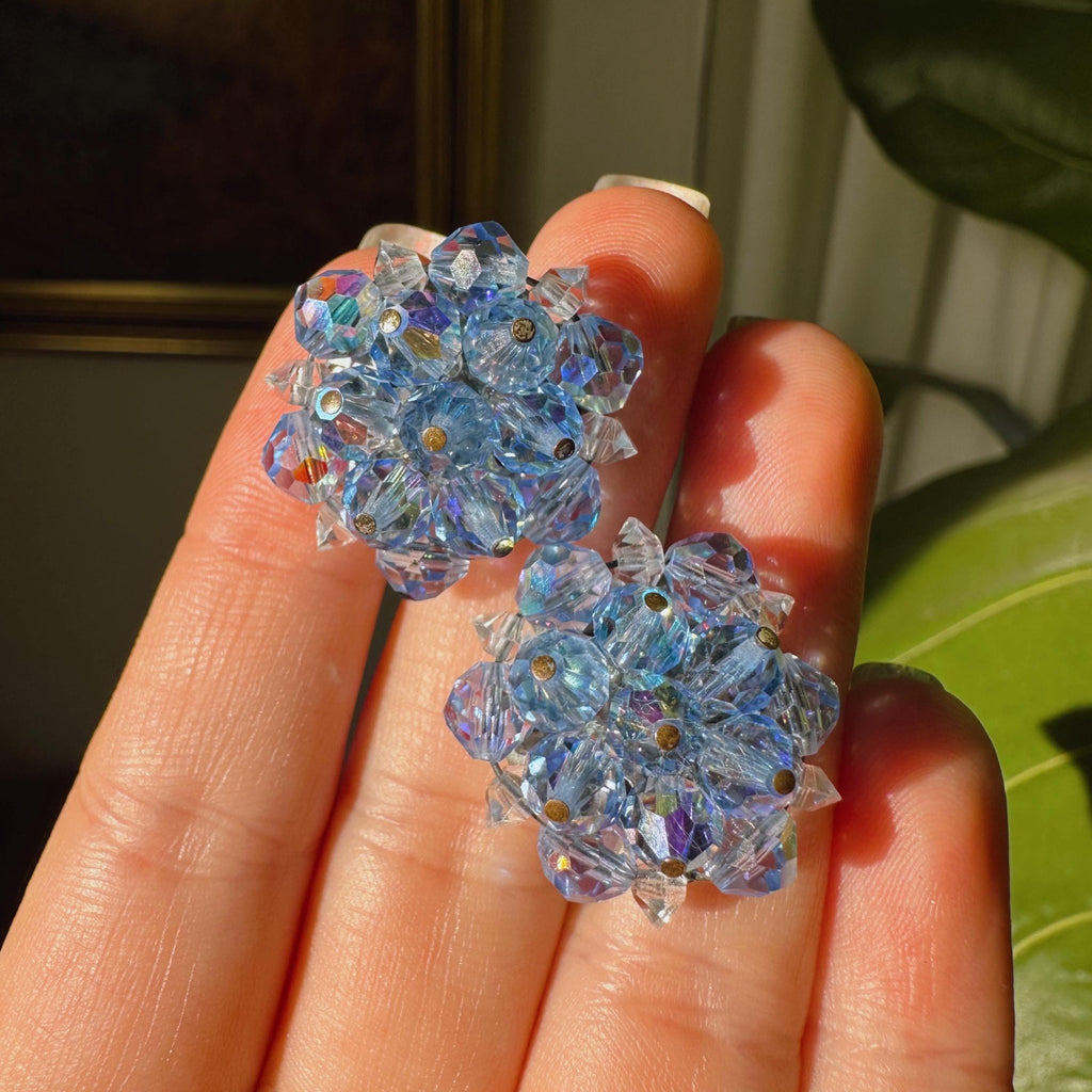 Mid - Century Laguna Silver - Tone and Aurora Borealis Crystal Beaded Button Ear Clip Earrings - Clover Collective Antiques