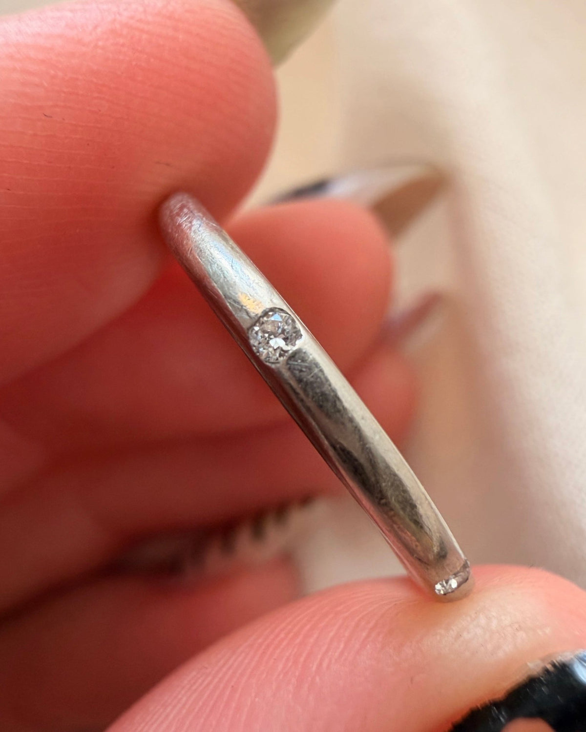 Mid-Century Platinum and Burnished Set Diamond 2 mm Band - Clover Collective Antiques
