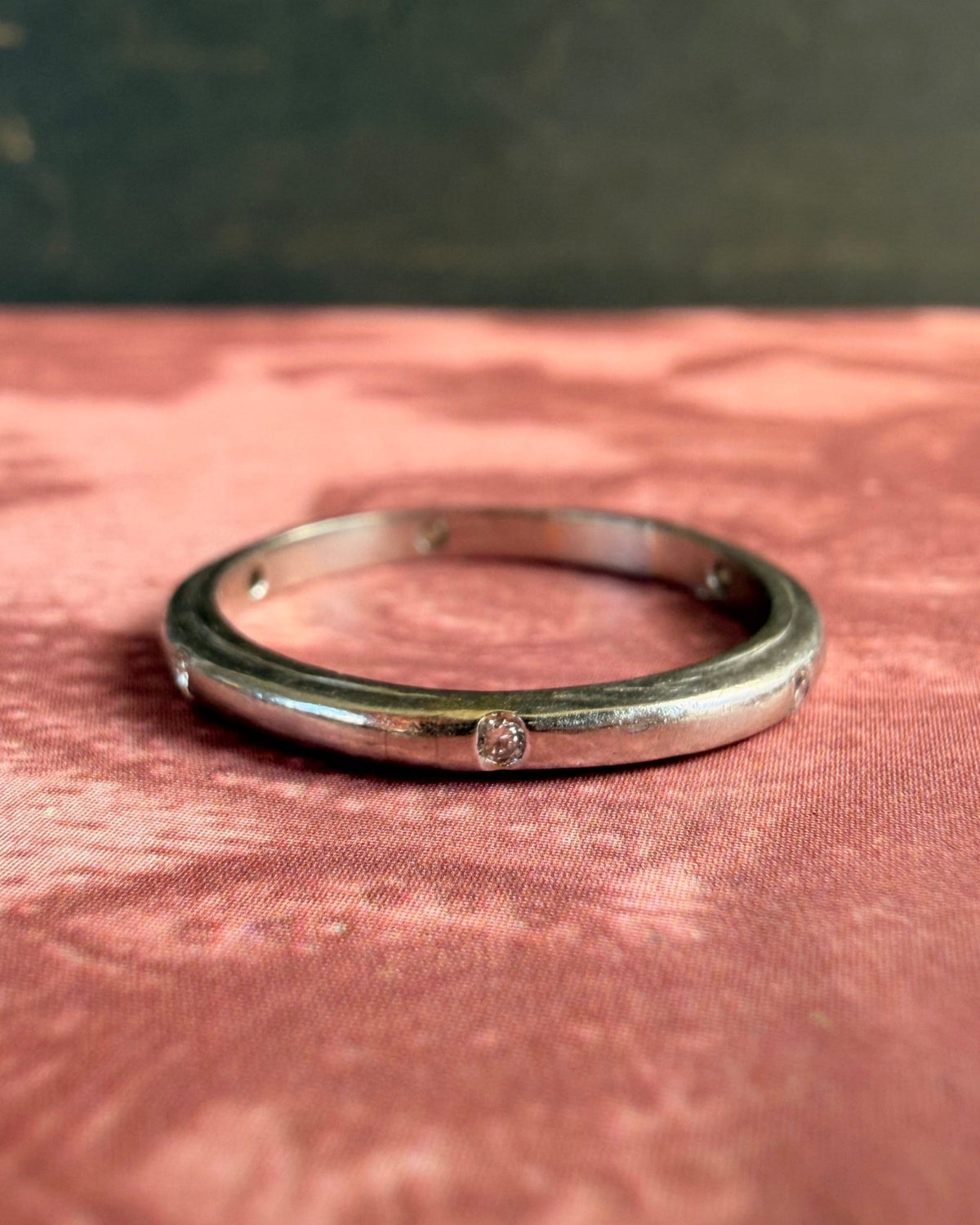 Mid-Century Platinum and Burnished Set Diamond 2 mm Band - Clover Collective Antiques