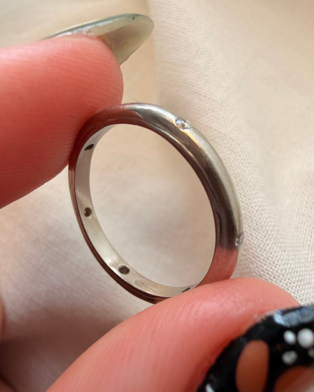 Mid-Century Platinum and Burnished Set Diamond 2 mm Band - Clover Collective Antiques