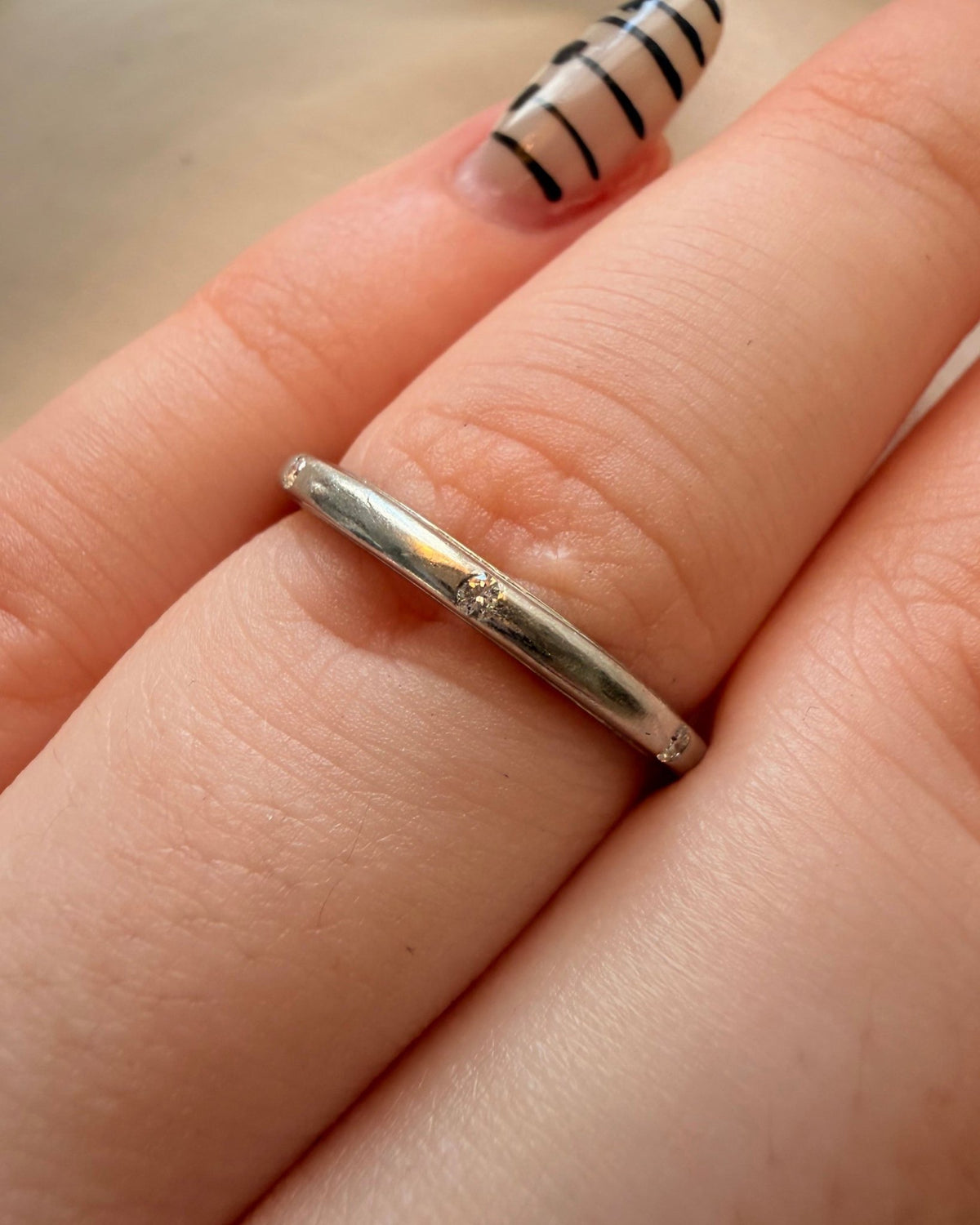Mid-Century Platinum and Burnished Set Diamond 2 mm Band - Clover Collective Antiques