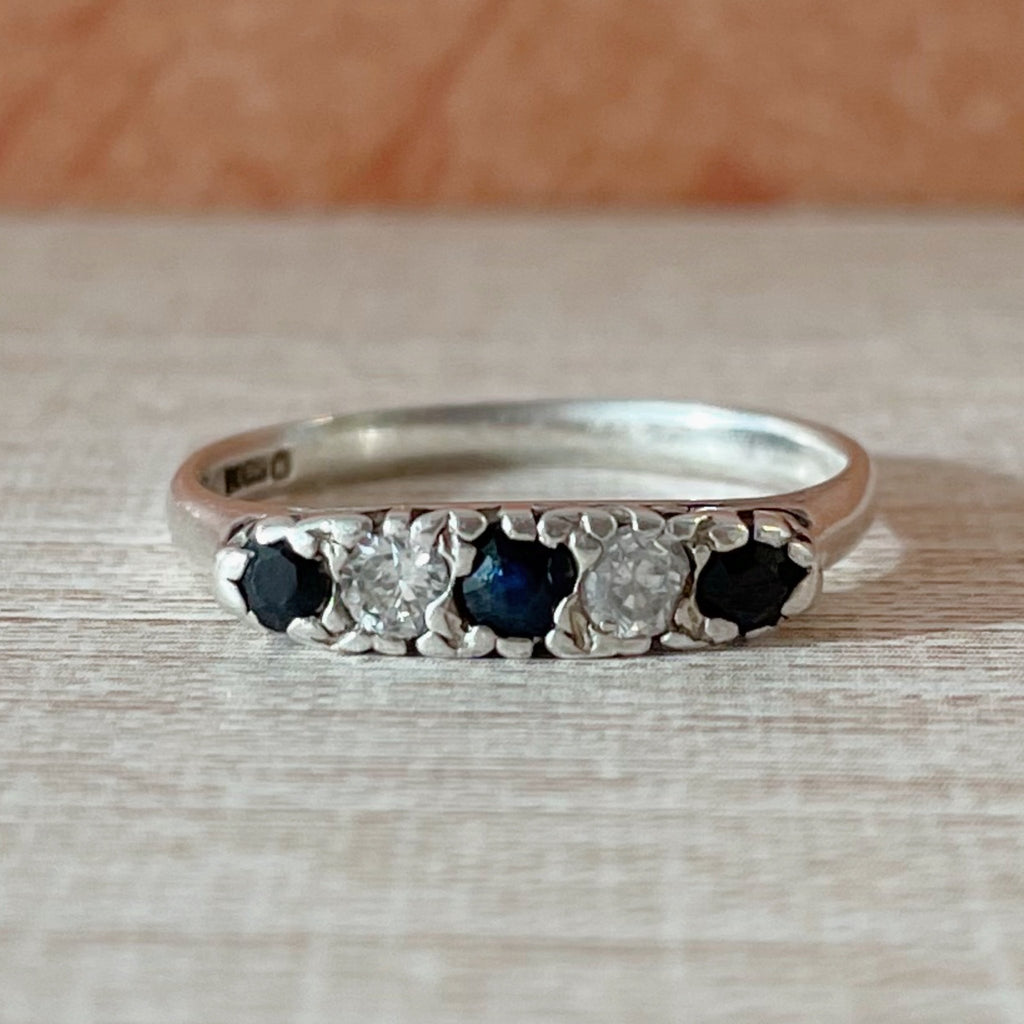 Mid - Century Sapphire, Paste, and Sterling Silver Ring - Clover Collective Antiques