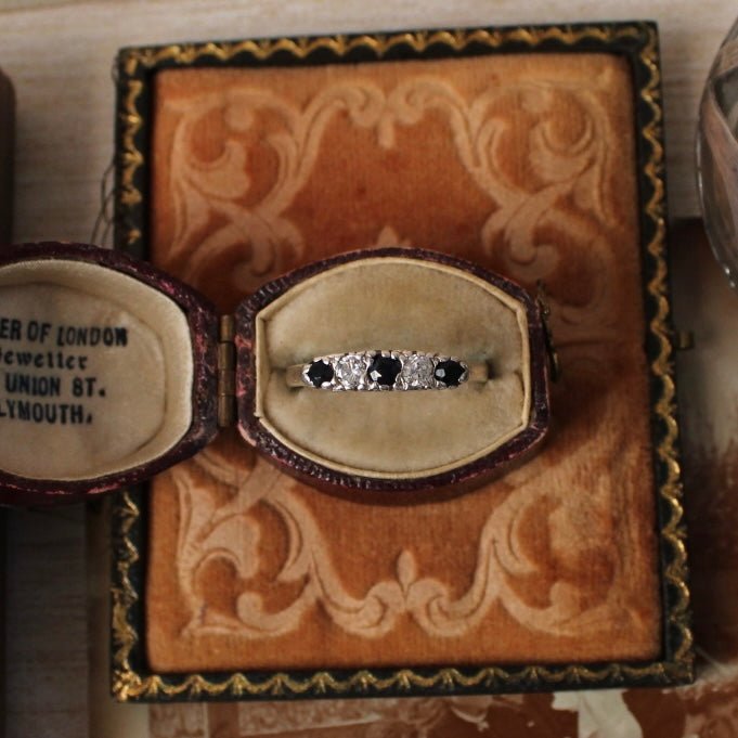 Mid - Century Sapphire, Paste, and Sterling Silver Ring - Clover Collective Antiques