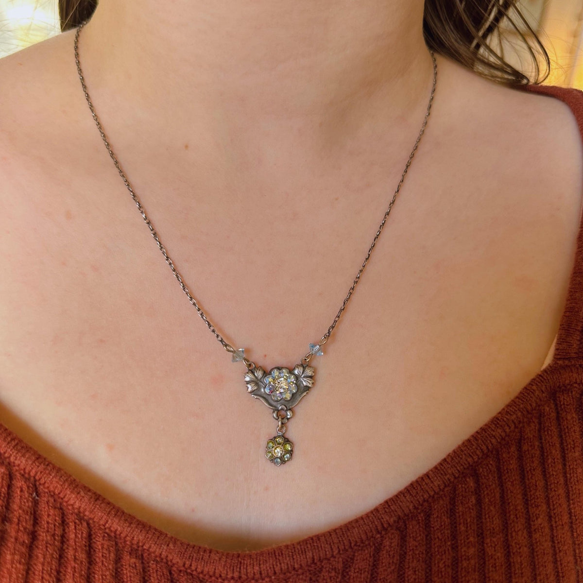 Mid - Century Silver - Tone and Aurora Borealis Crystal Necklace - Clover Collective Antiques