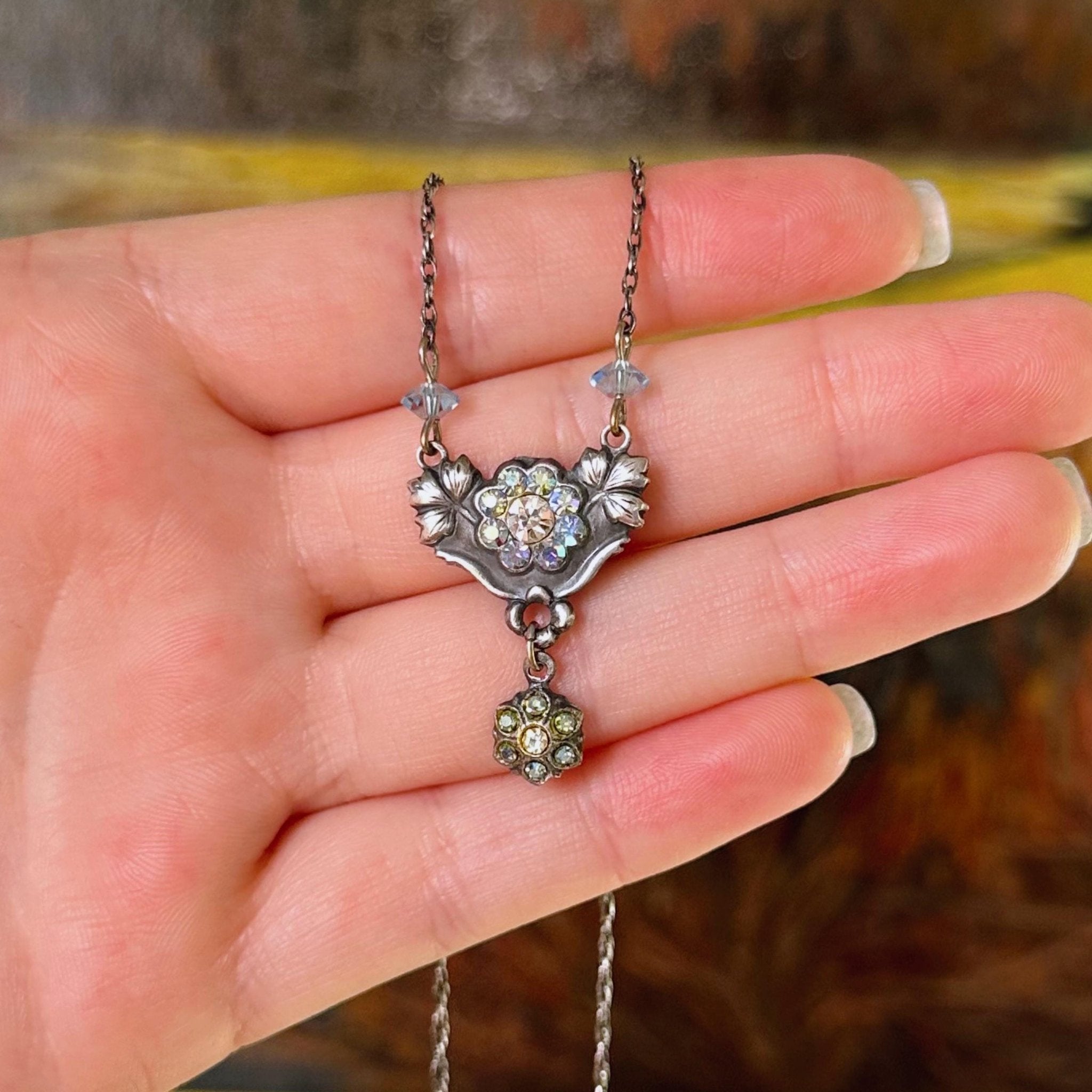 Mid - Century Silver - Tone and Aurora Borealis Crystal Necklace - Clover Collective Antiques