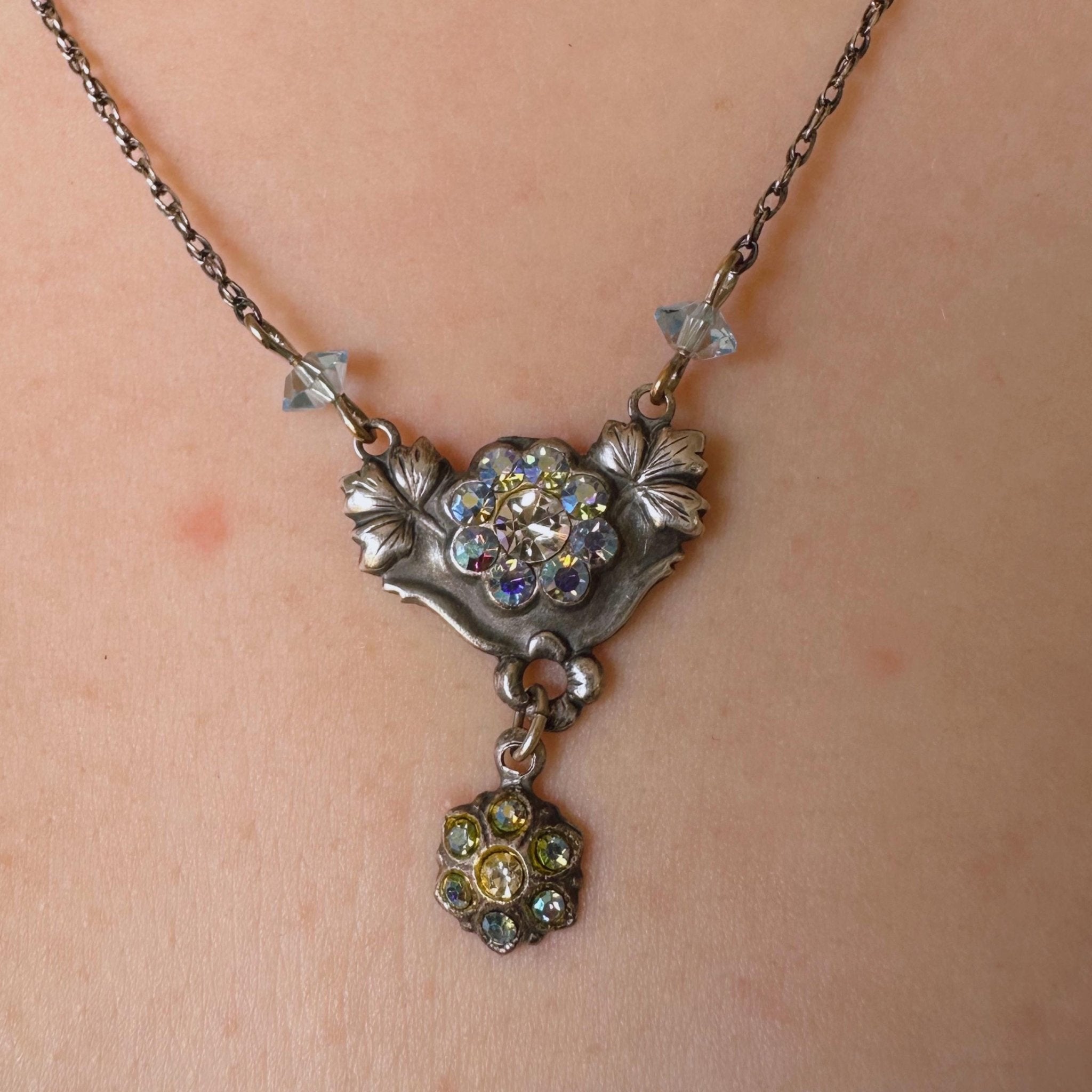 Mid - Century Silver - Tone and Aurora Borealis Crystal Necklace - Clover Collective Antiques