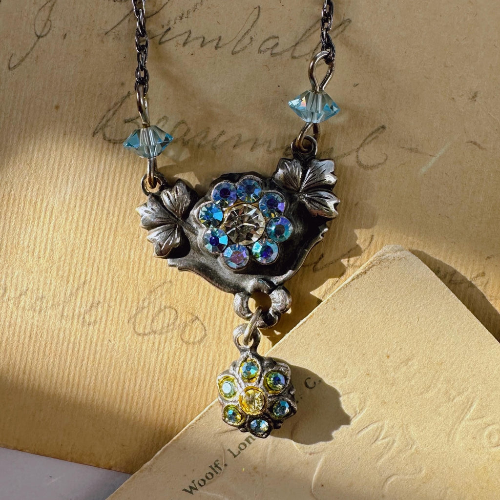 Mid - Century Silver - Tone and Aurora Borealis Crystal Necklace - Clover Collective Antiques