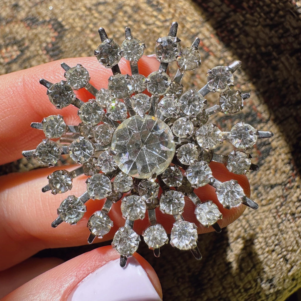Mid - Century Silver Tone And Crystal Sunburst Pin Brooch - Clover Collective Antiques