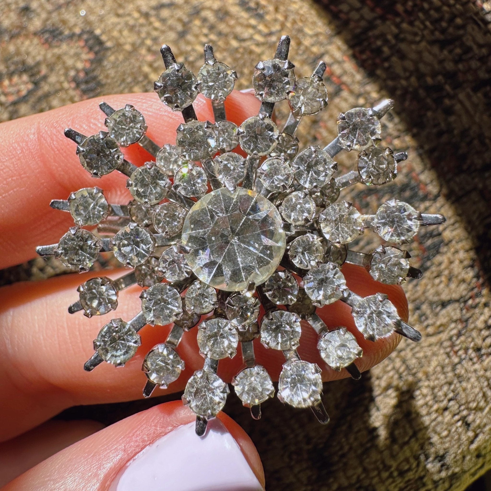 Mid - Century Silver Tone And Crystal Sunburst Pin Brooch - Clover Collective Antiques