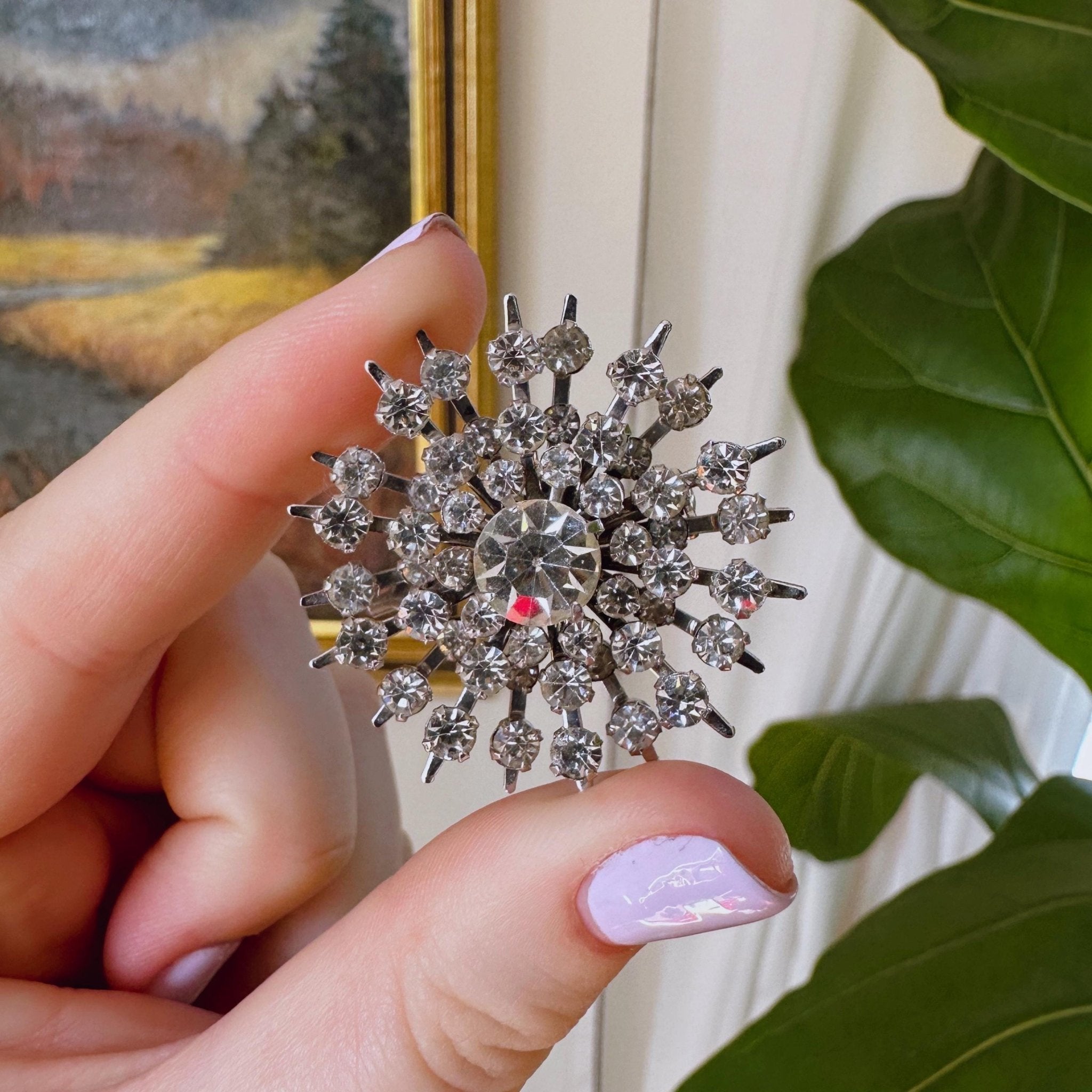 Mid - Century Silver Tone And Crystal Sunburst Pin Brooch - Clover Collective Antiques