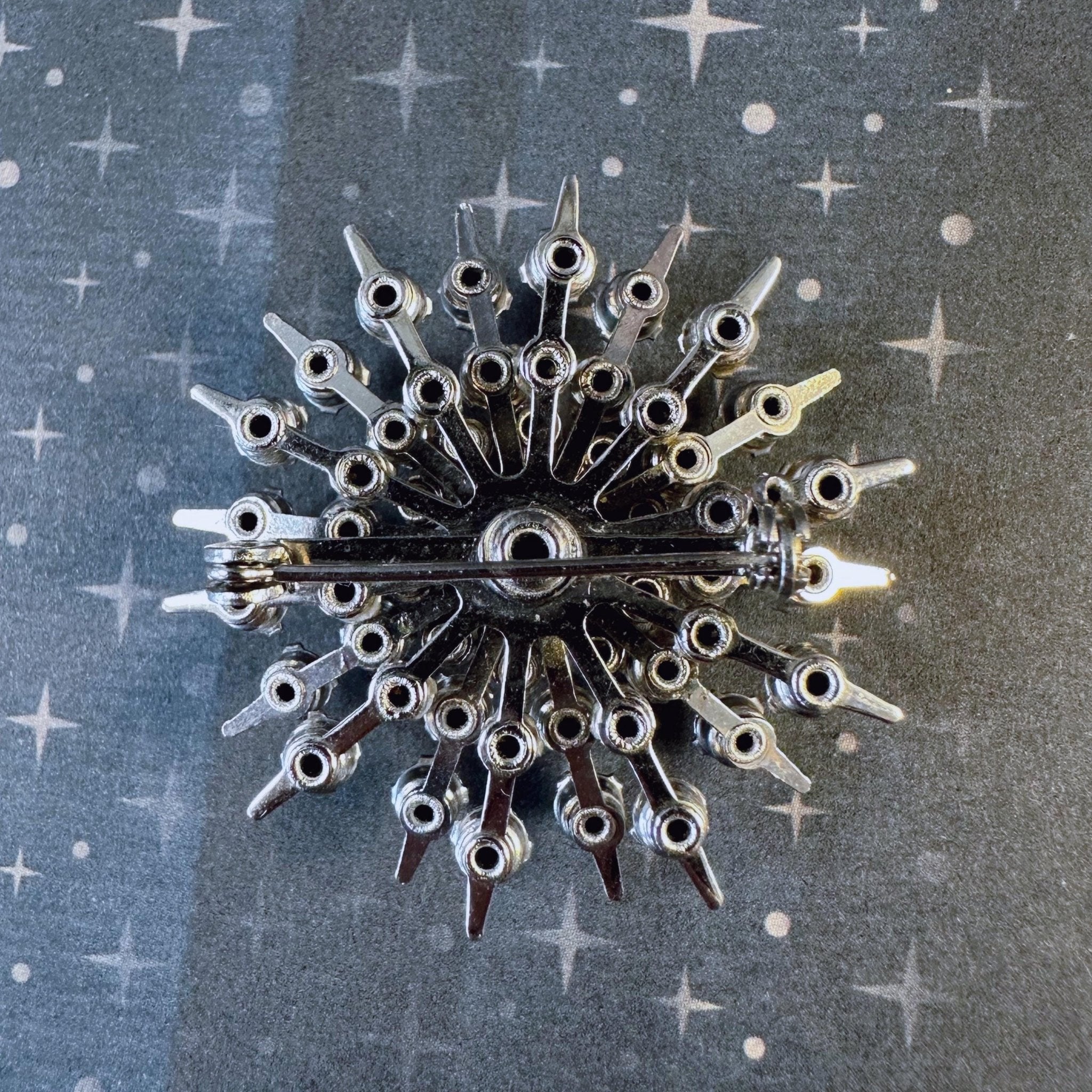 Mid - Century Silver Tone And Crystal Sunburst Pin Brooch - Clover Collective Antiques